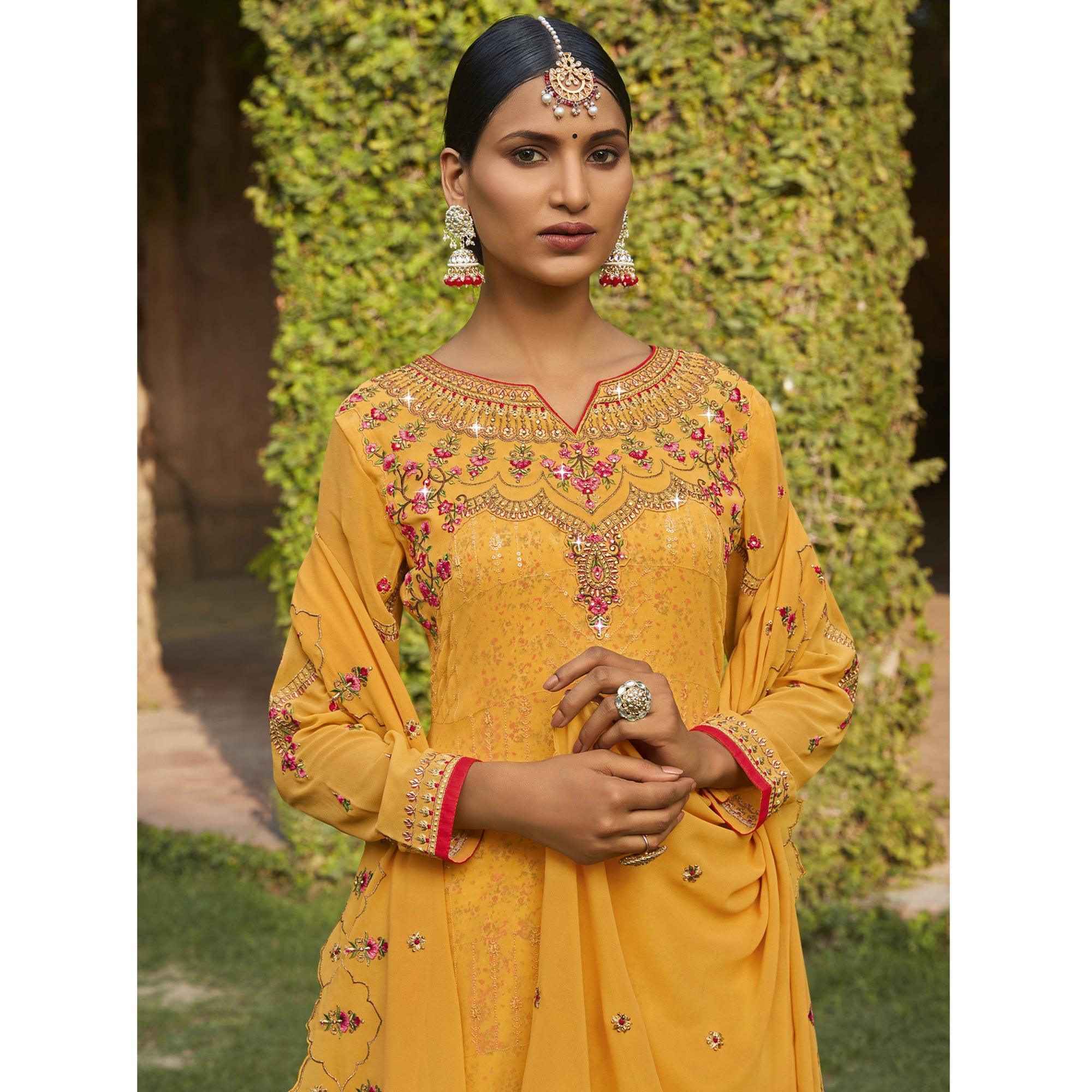 Yellow Embellished With Embroidered Georgette Palazzo Suit - Peachmode