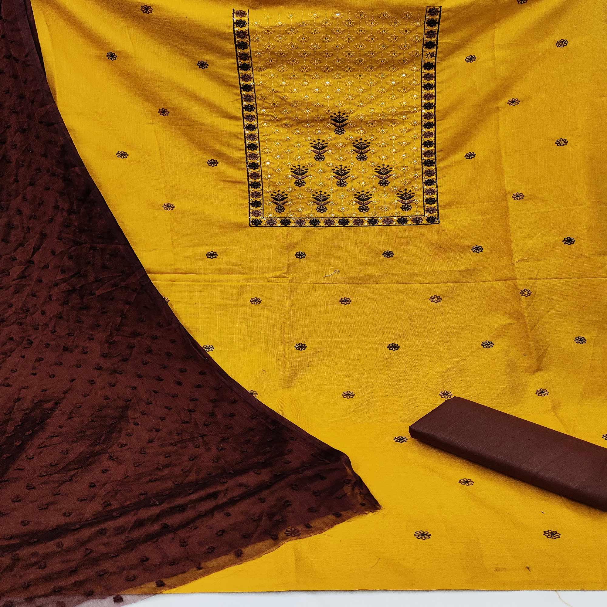 Yellow Embellished With Embroidered Pure Cotton Dress Material - Peachmode