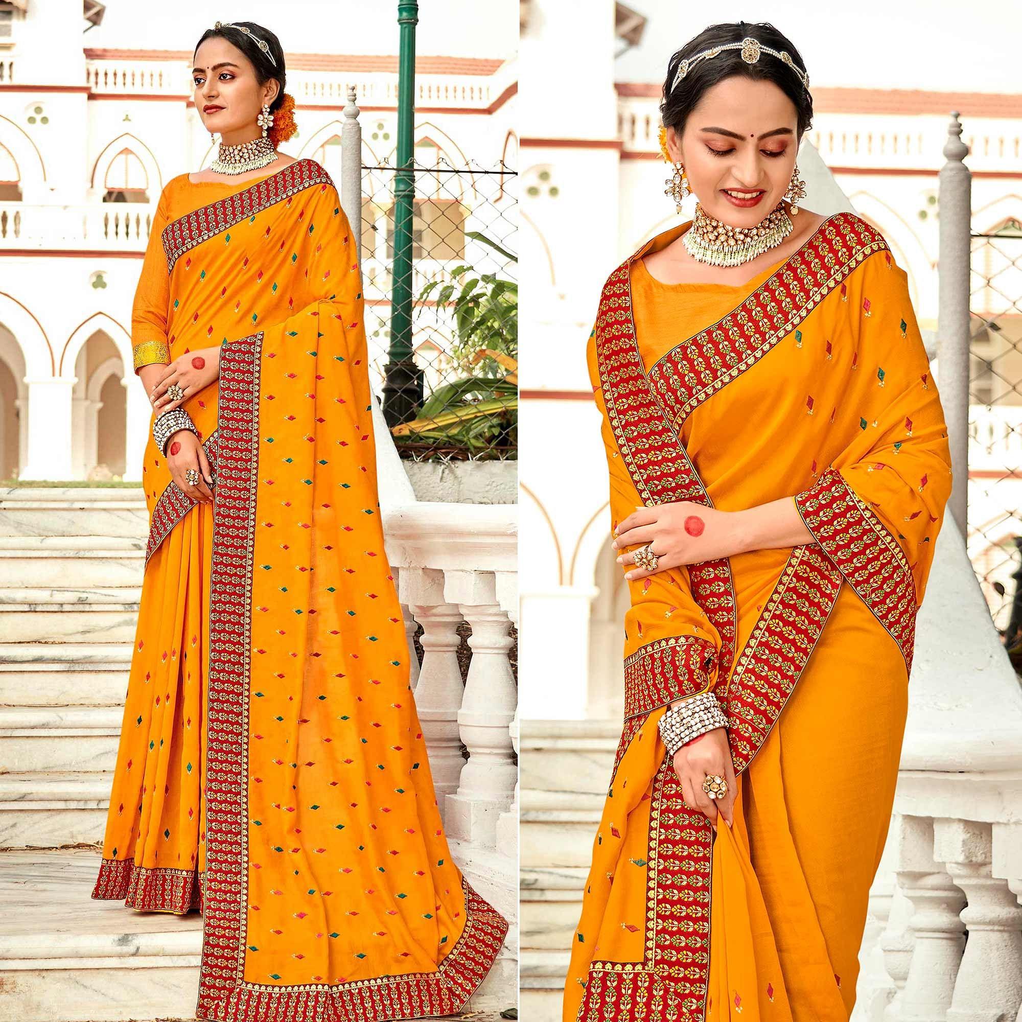 Yellow Embellished With Embroidered Vichitra Silk Saree - Peachmode