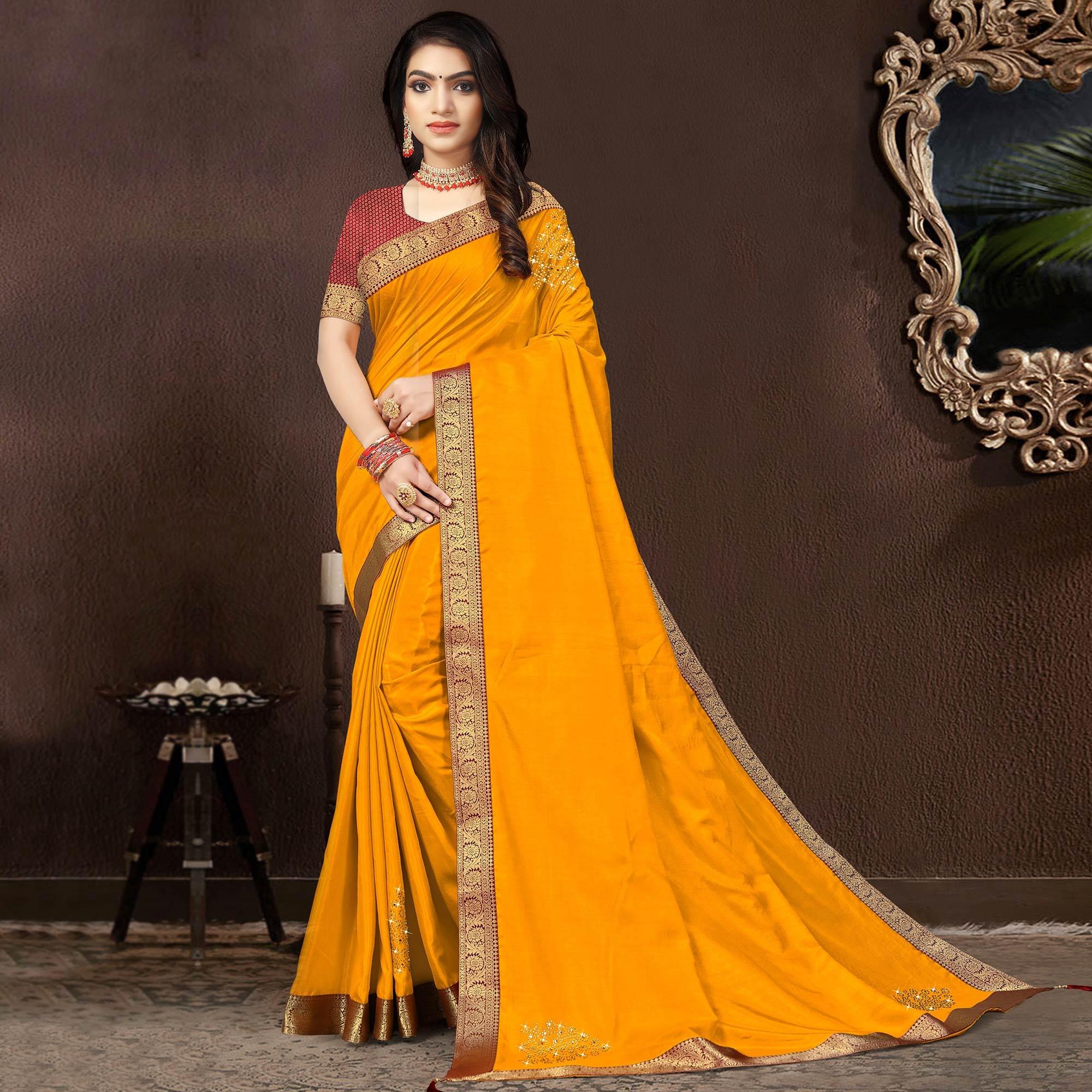 Yellow Embellished With Embroidered Vichitra Silk Saree - Peachmode