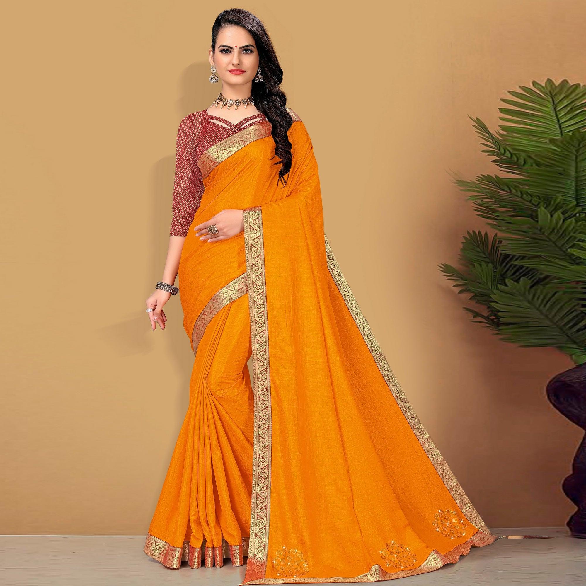 Yellow Embellished With Embroidered Vichitra Silk Saree - Peachmode