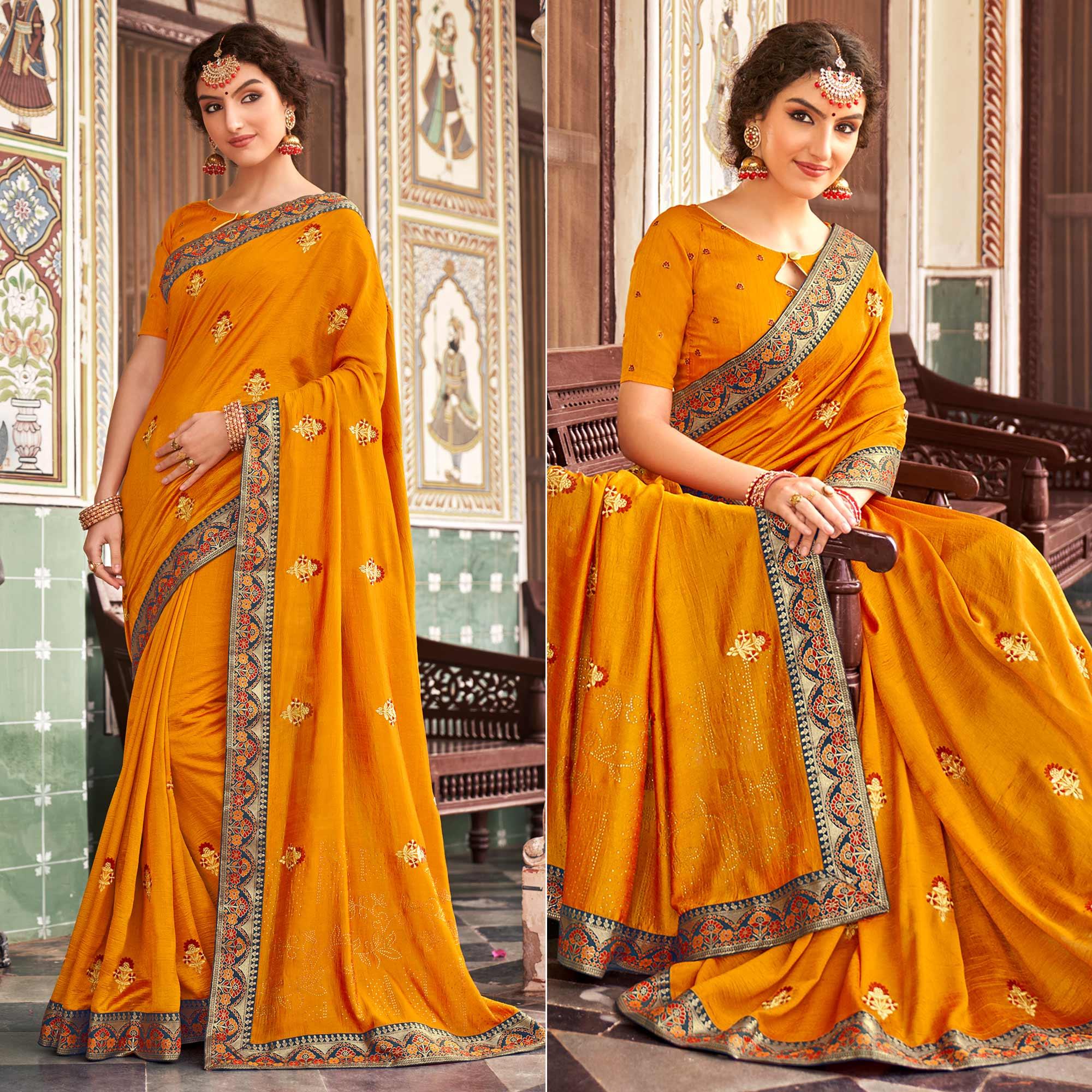 Yellow Embellished With Embroidered Vichitra Silk Saree - Peachmode