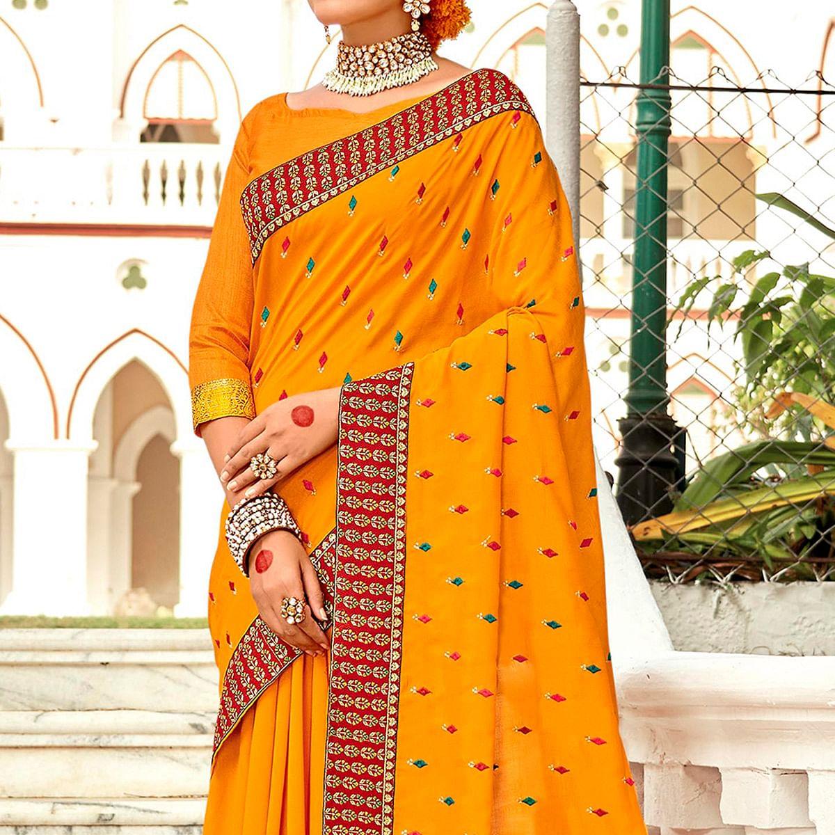 Yellow Embellished With Embroidered Vichitra Silk Saree - Peachmode