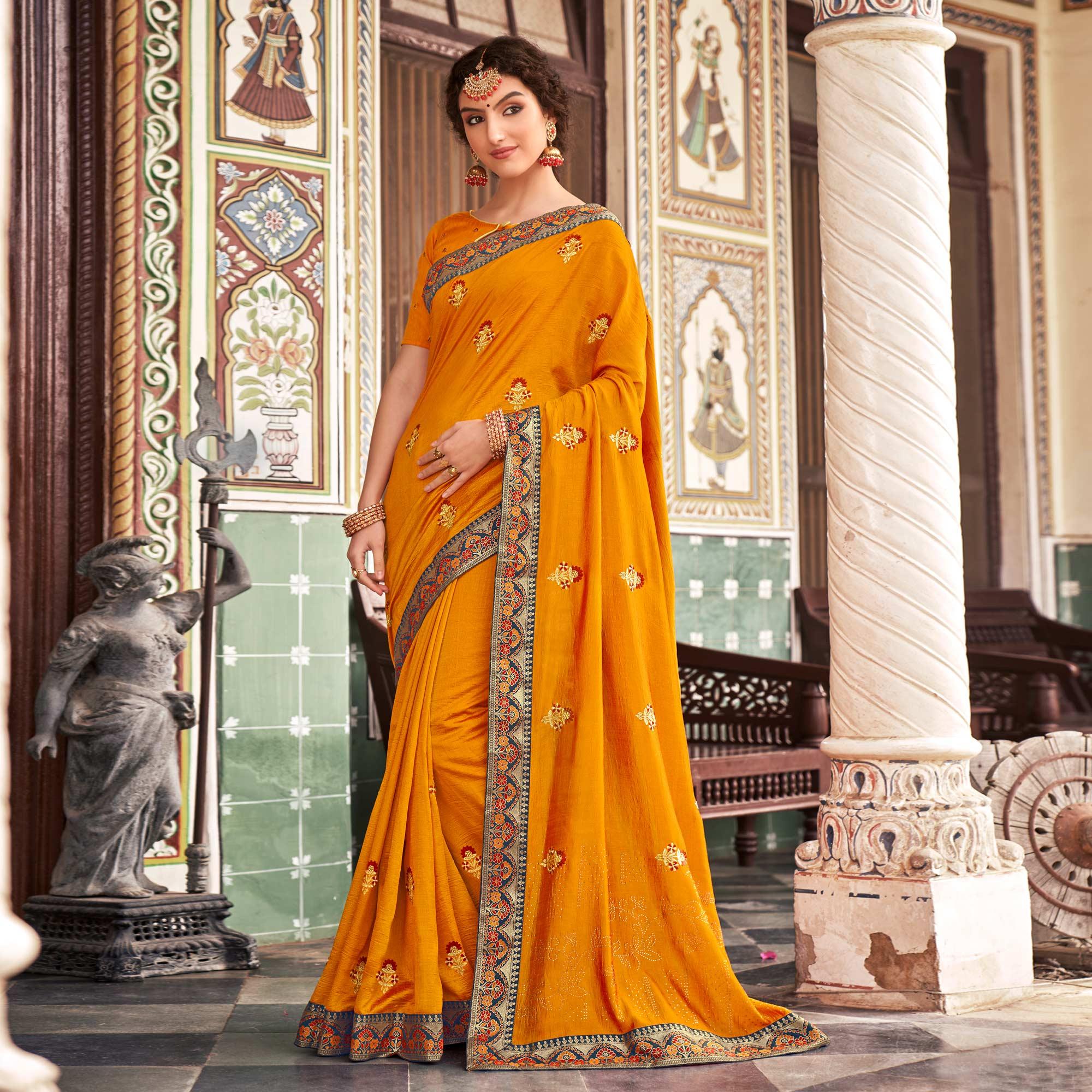 Yellow Embellished With Embroidered Vichitra Silk Saree - Peachmode