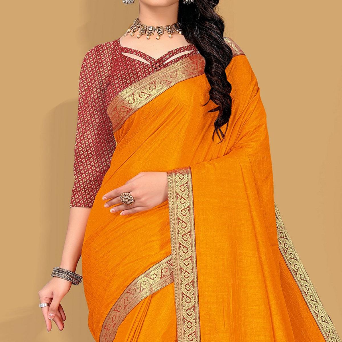 Yellow Embellished With Embroidered Vichitra Silk Saree - Peachmode