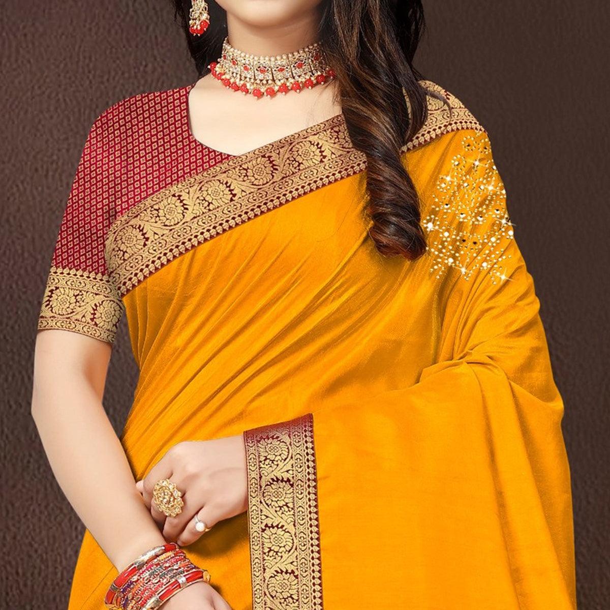 Yellow Embellished With Embroidered Vichitra Silk Saree - Peachmode
