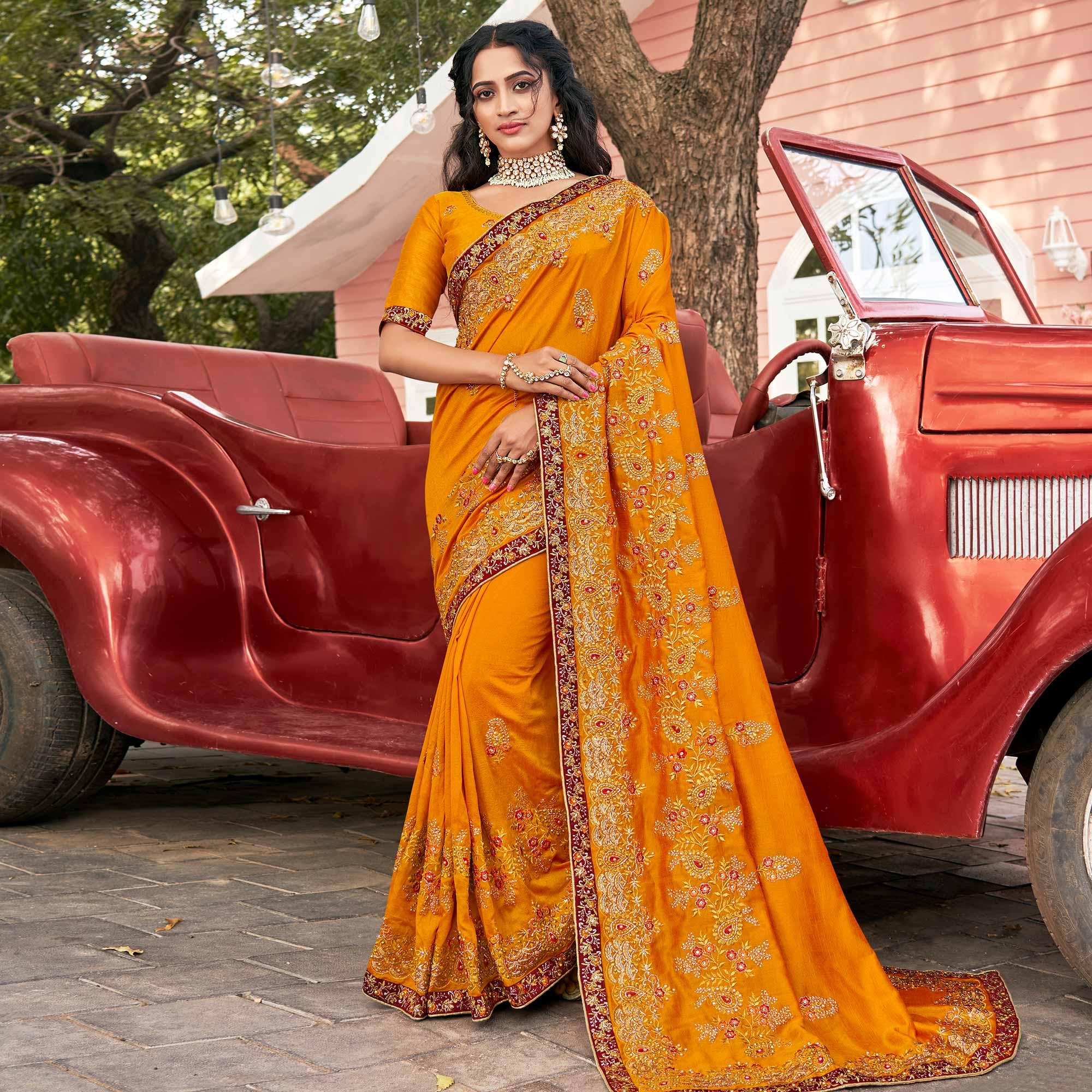 Yellow Embellished With Embroidered Vichitra Silk Saree - Peachmode