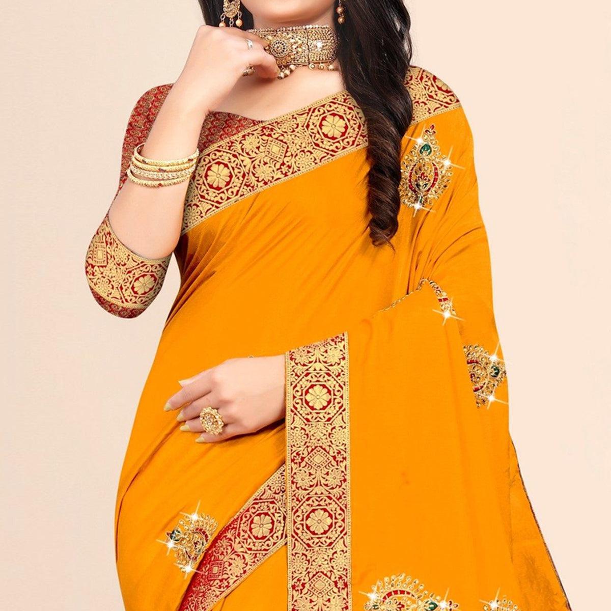 Yellow Embellished With Embroidered Vichitra Silk Saree - Peachmode