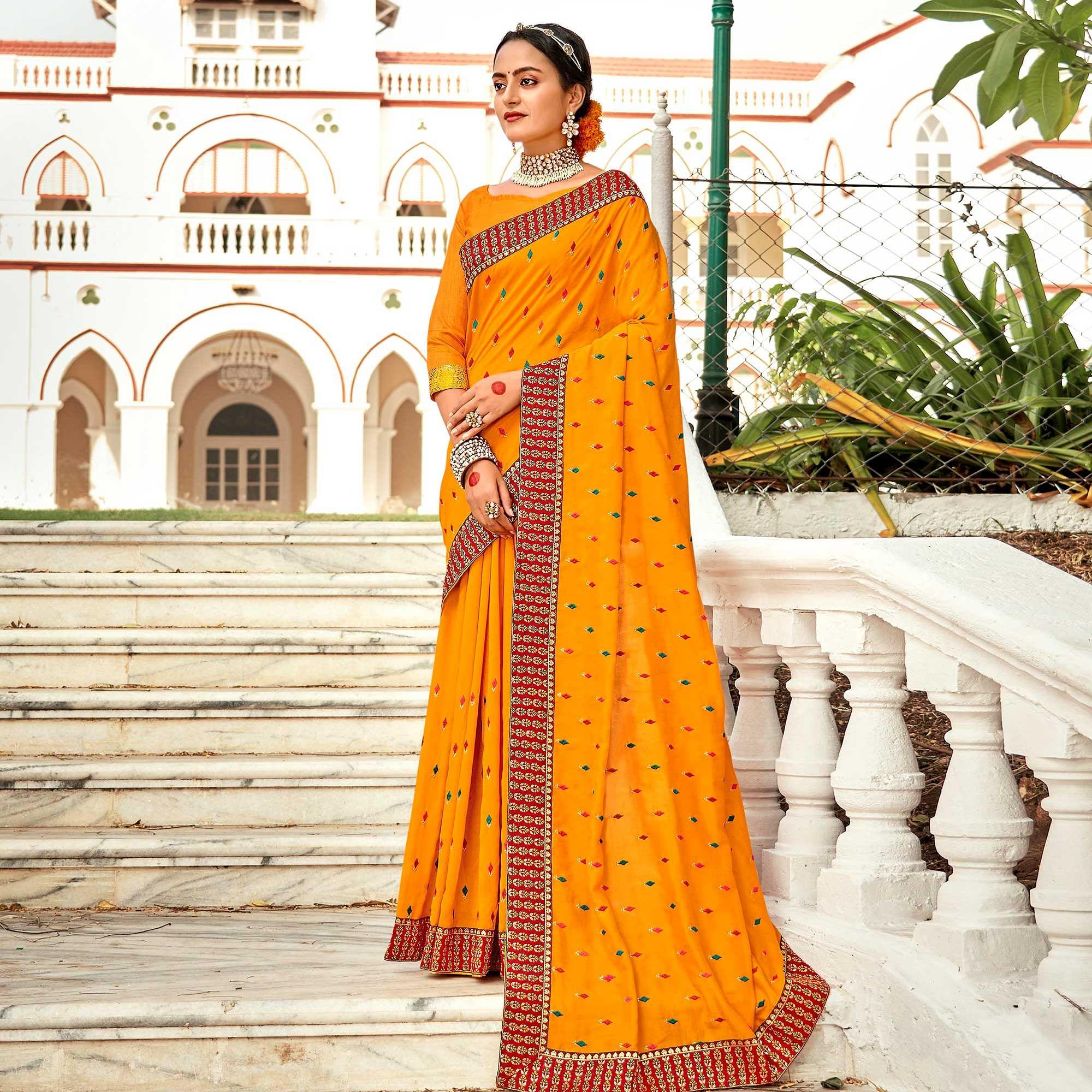 Yellow Embellished With Embroidered Vichitra Silk Saree - Peachmode