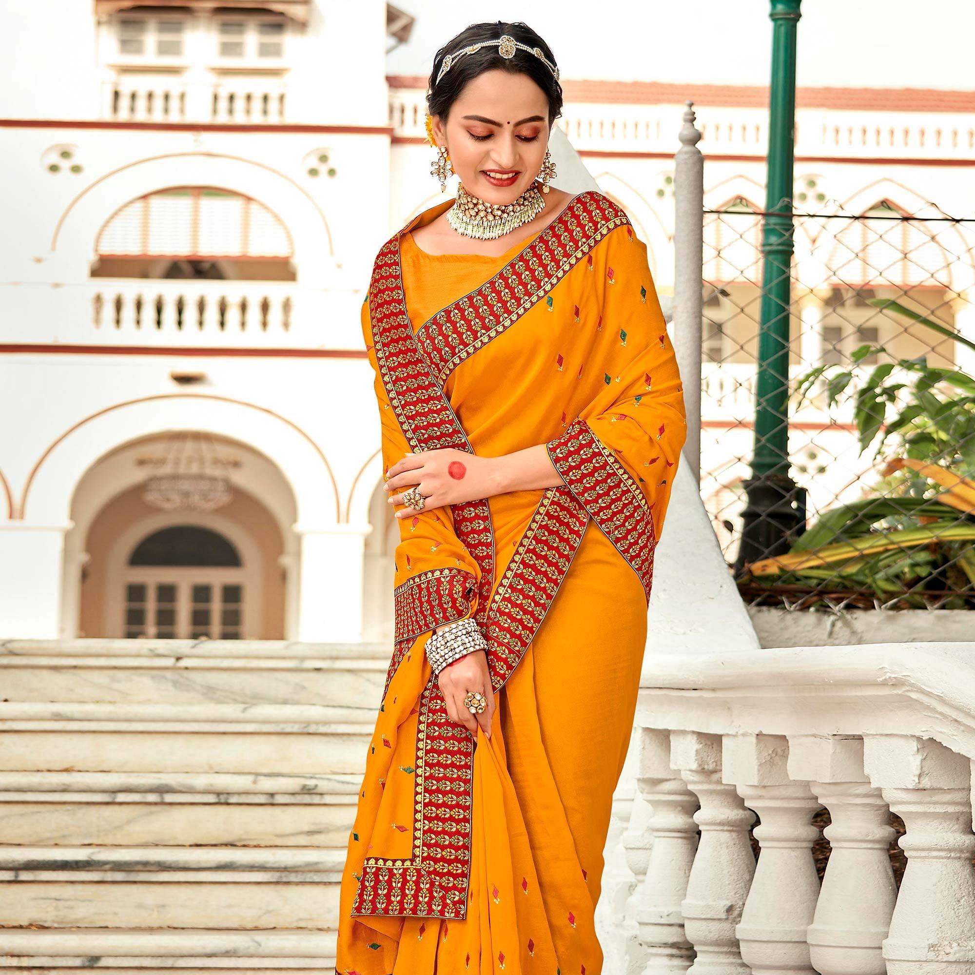 Yellow Embellished With Embroidered Vichitra Silk Saree - Peachmode