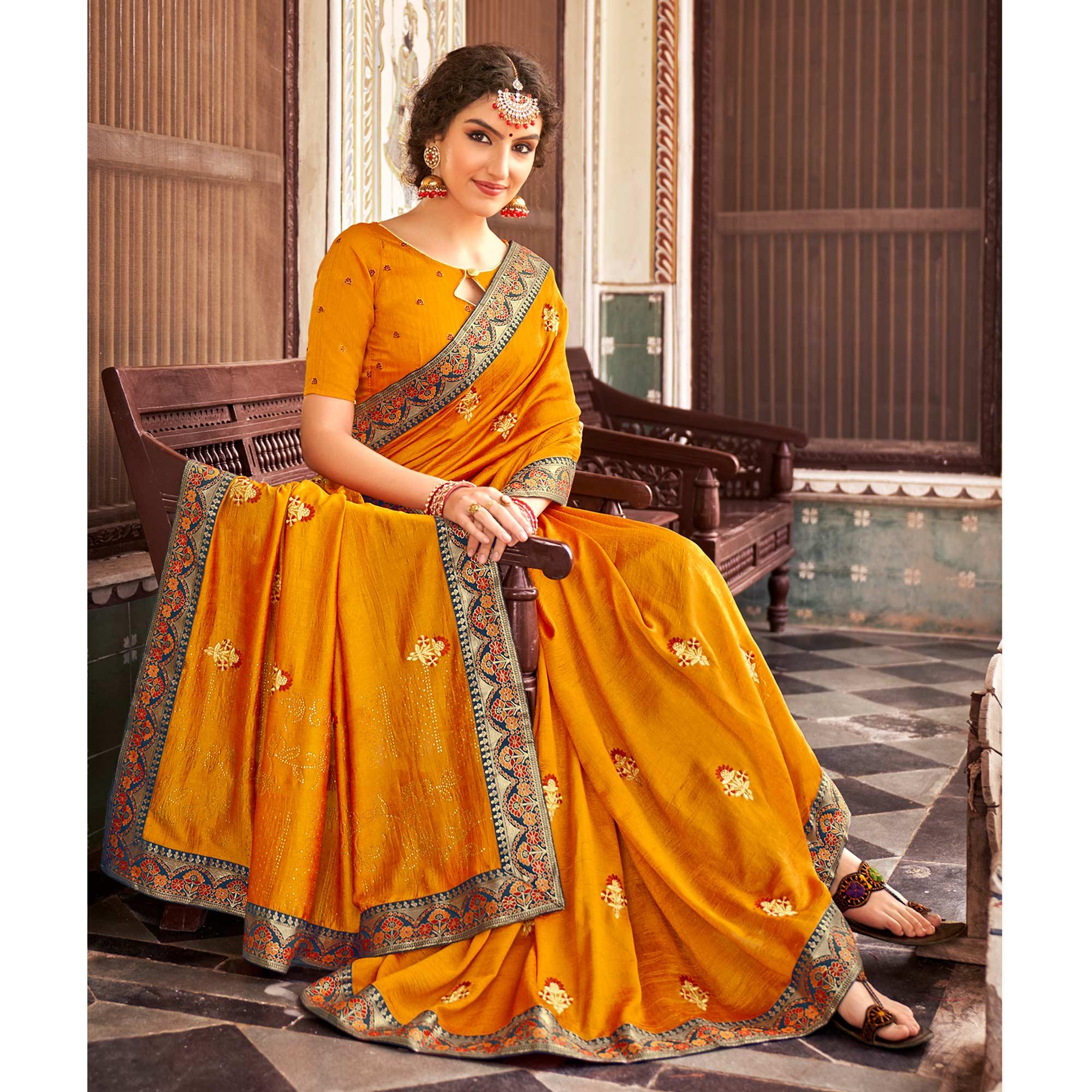 Yellow Embellished With Embroidered Vichitra Silk Saree - Peachmode