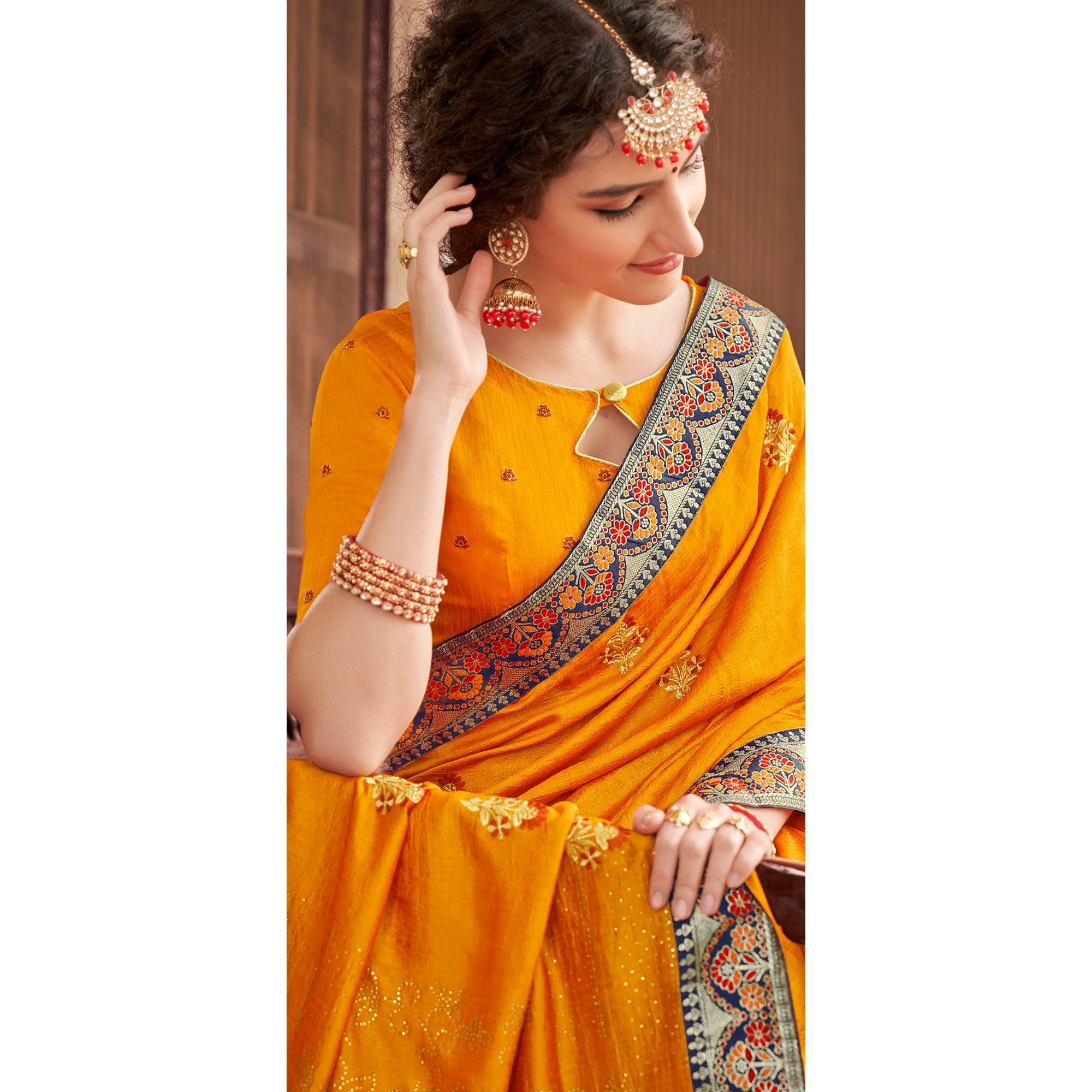 Yellow Embellished With Embroidered Vichitra Silk Saree - Peachmode