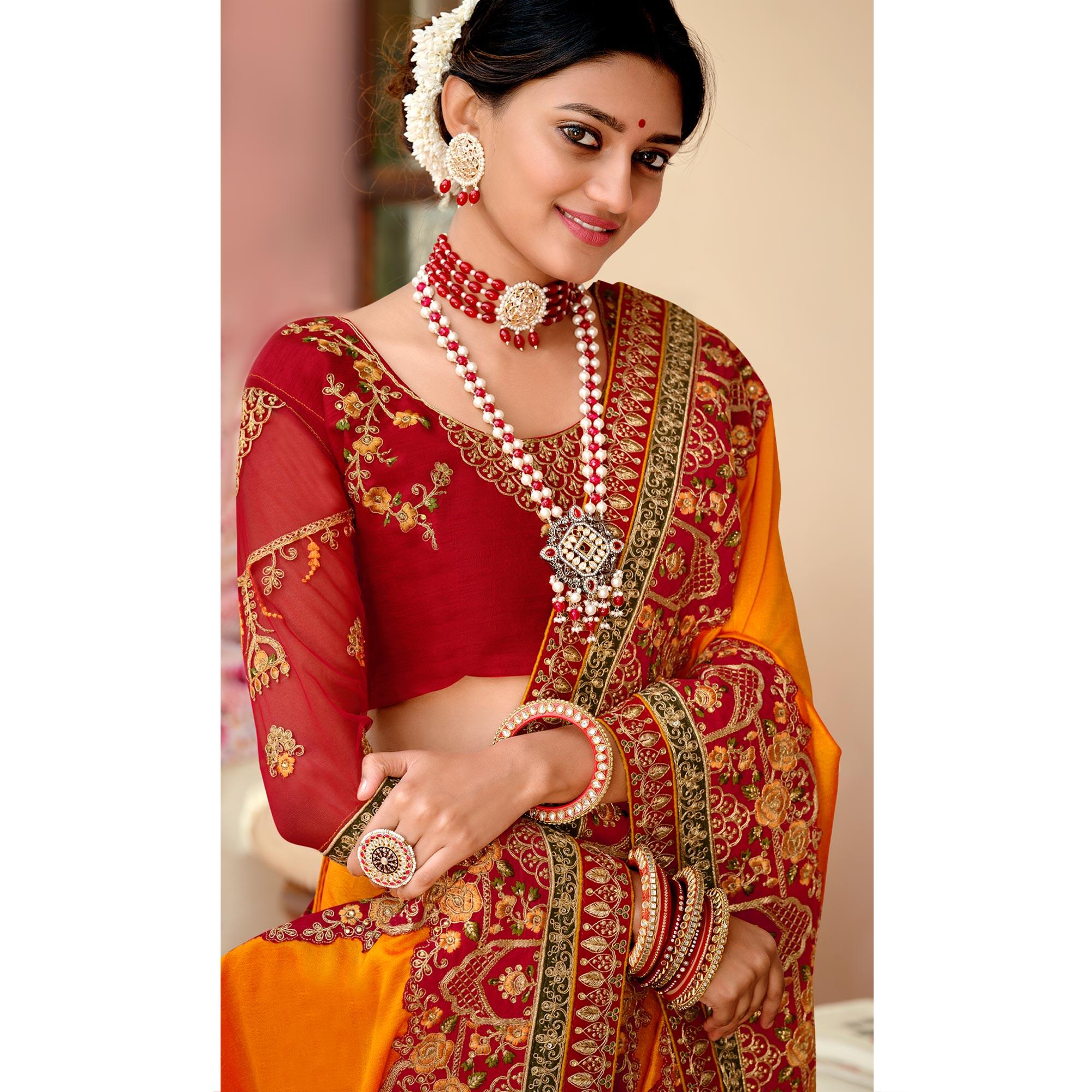 Yellow Embellished With Embroidered Vichitra Silk Saree With Tassels - Peachmode