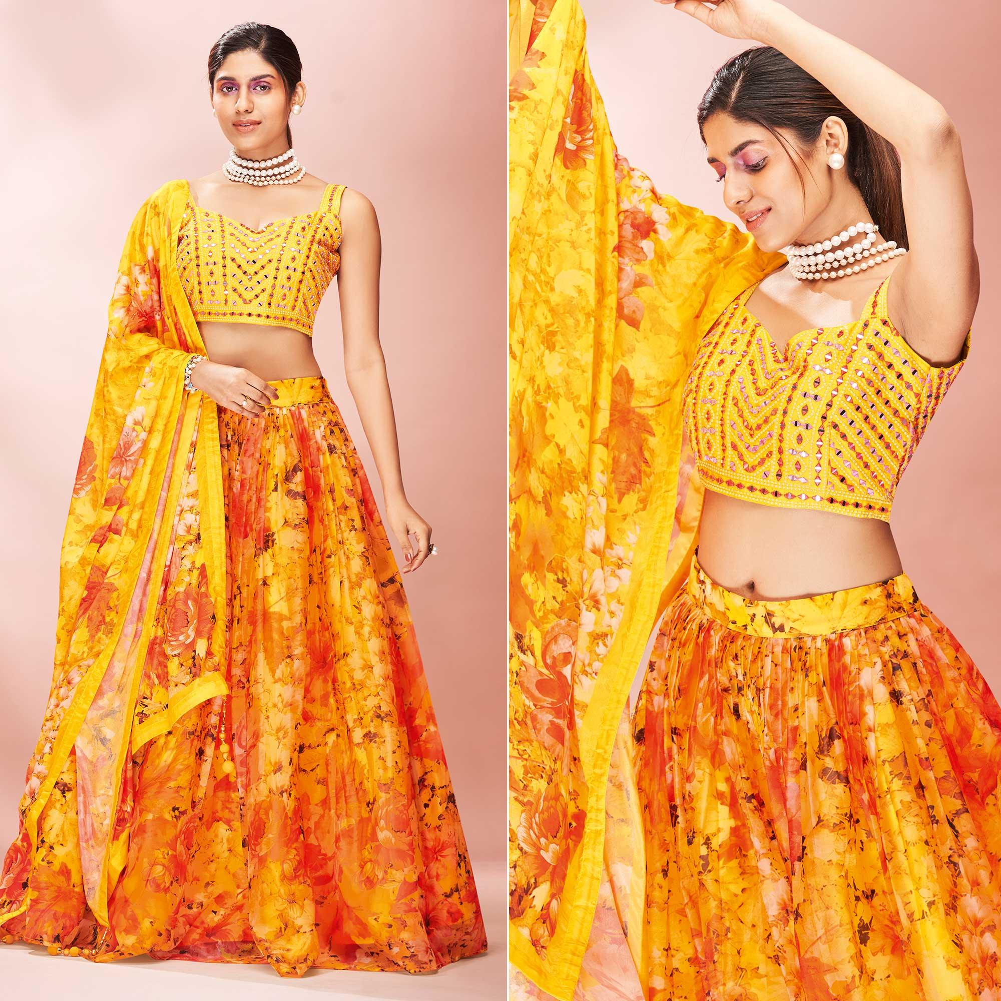 Yellow Embellished With Printed Organza Lehenga Choli - Peachmode