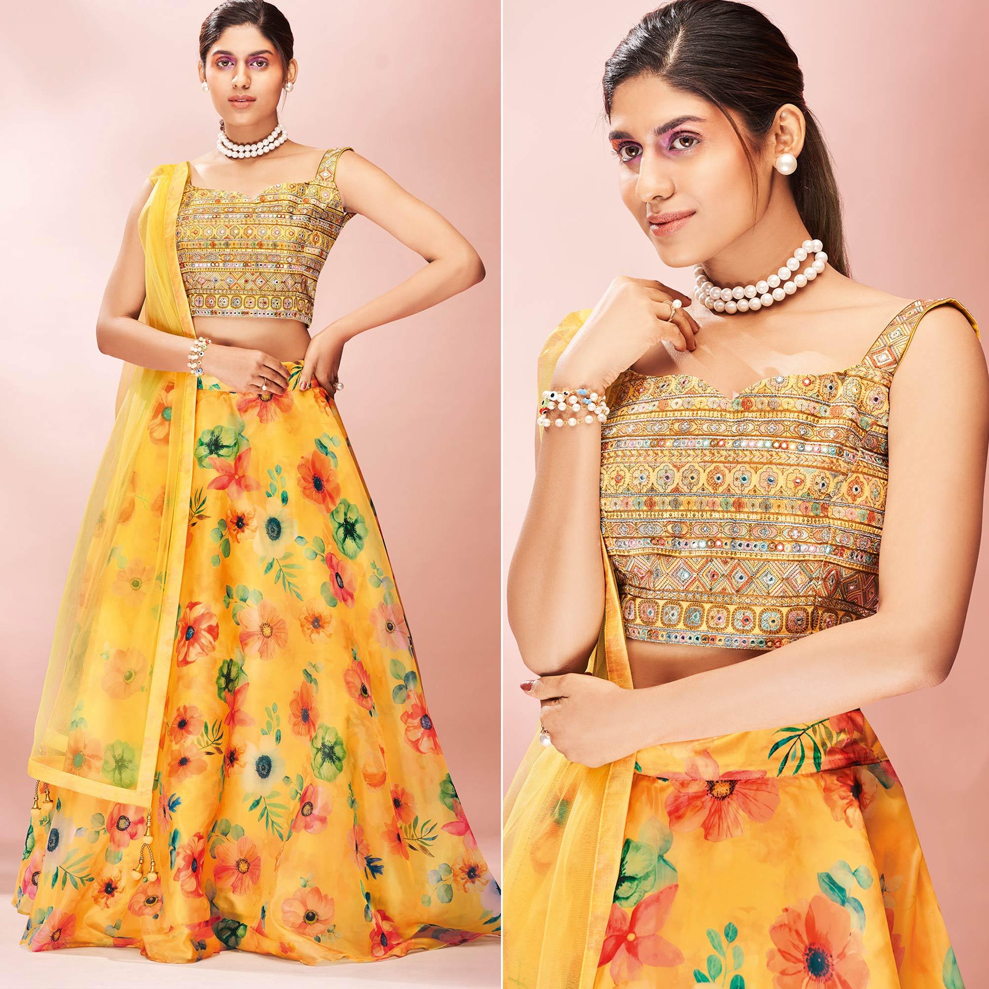 Yellow Embellished With Printed Organza Lehenga Choli - Peachmode
