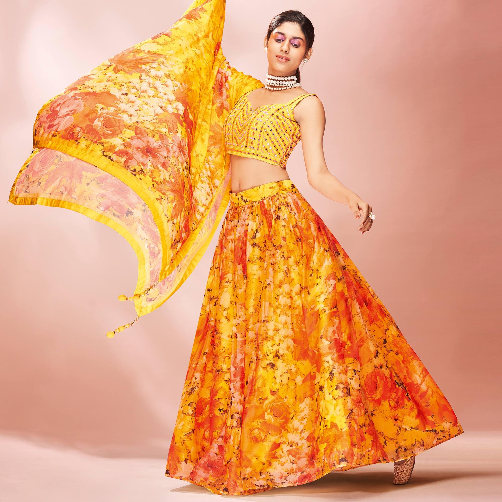 Yellow Embellished With Printed Organza Lehenga Choli - Peachmode