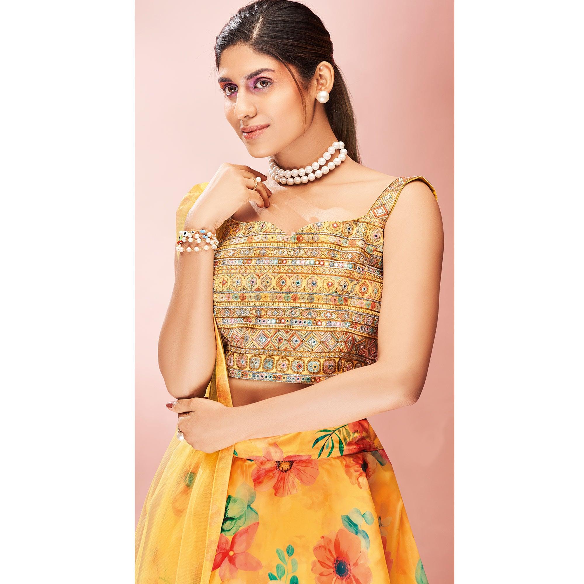 Yellow Embellished With Printed Organza Lehenga Choli - Peachmode