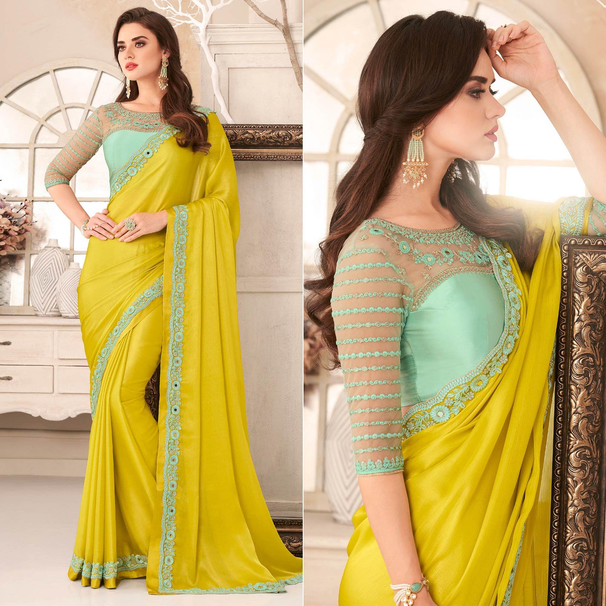 Yellow Embroidered & Embellished Satin Saree - Peachmode