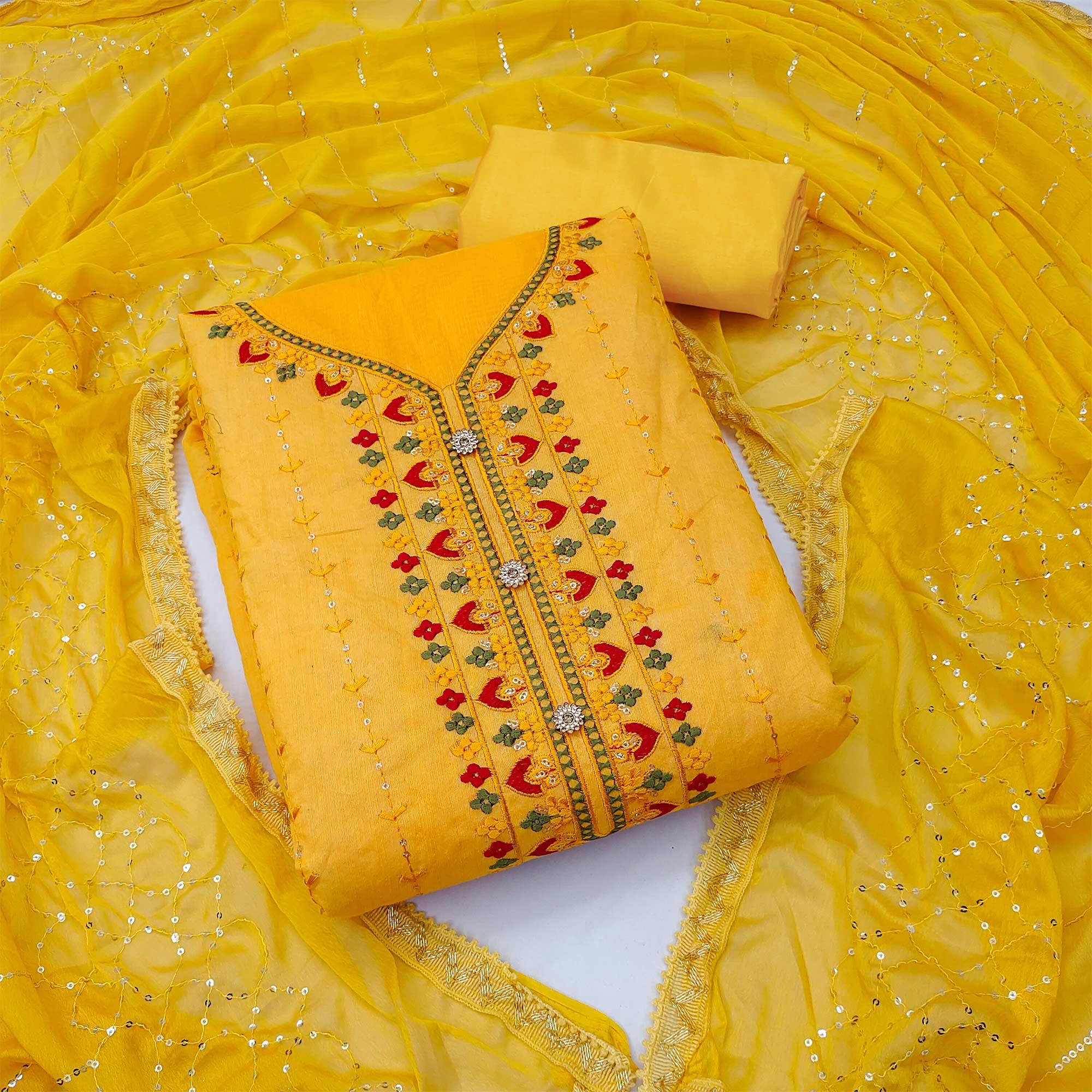 Yellow Embroidered Chanderi Dress Material - Peachmode
