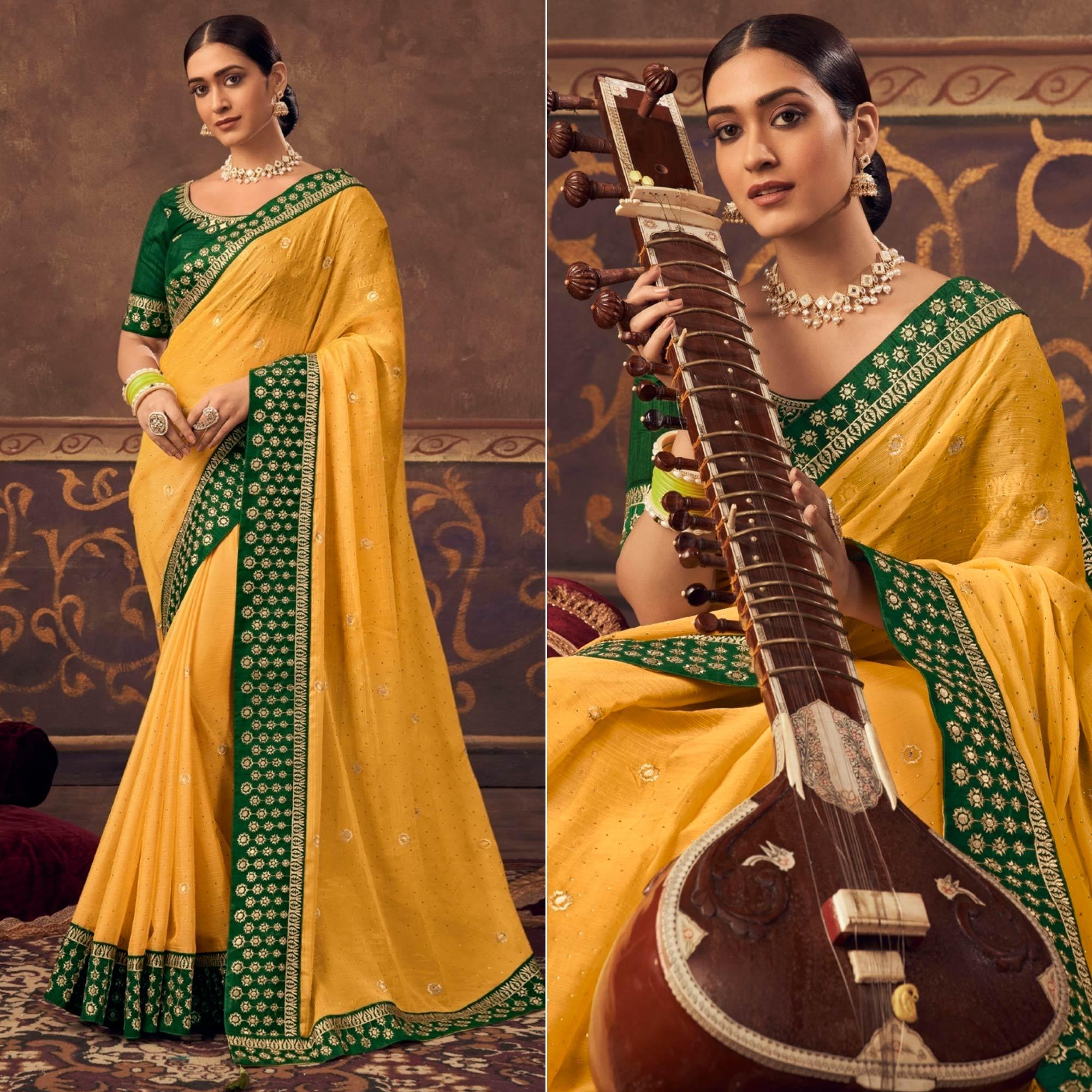 Yellow Embroidered Chiffon Saree - Peachmode