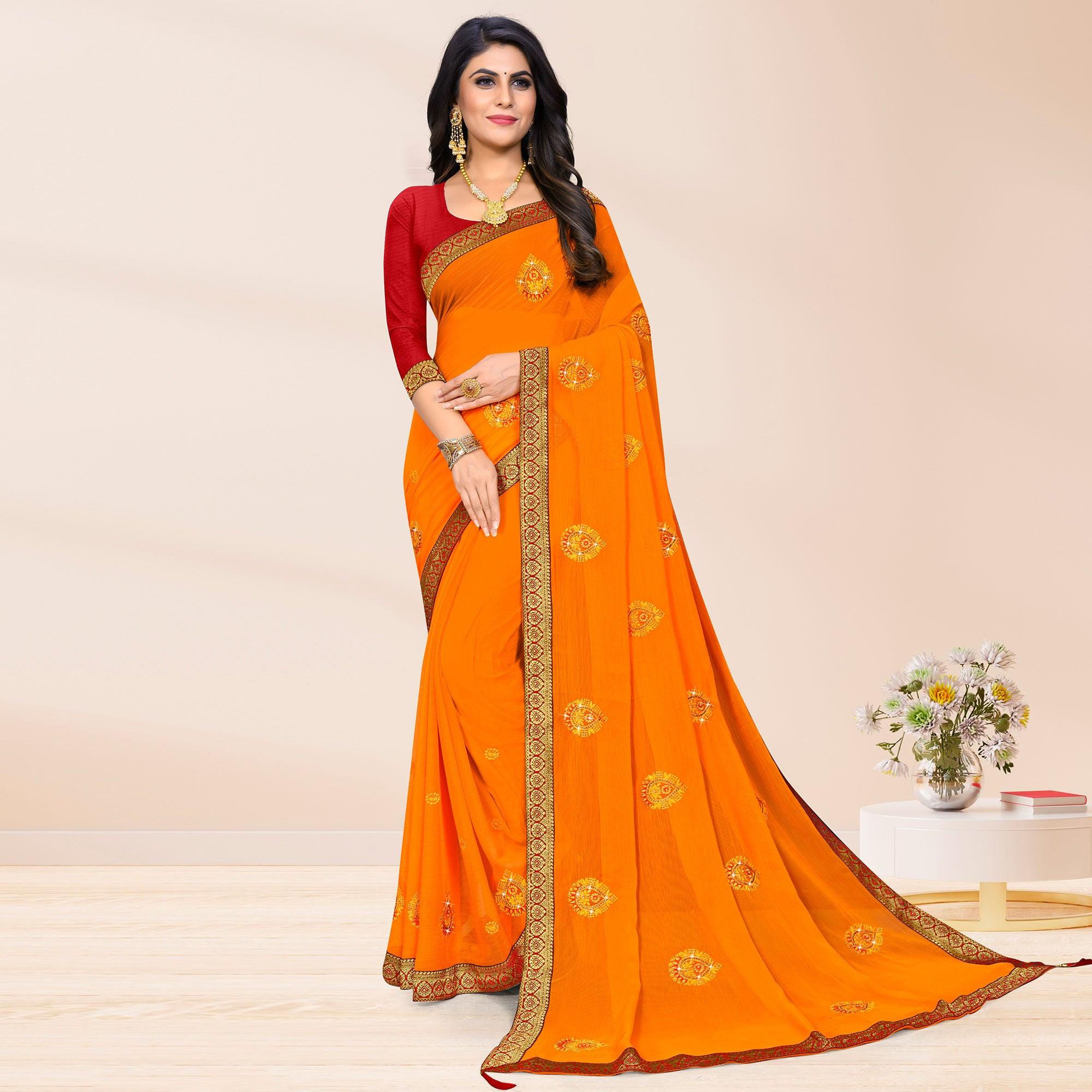 Yellow Embroidered Chiffon Saree - Peachmode