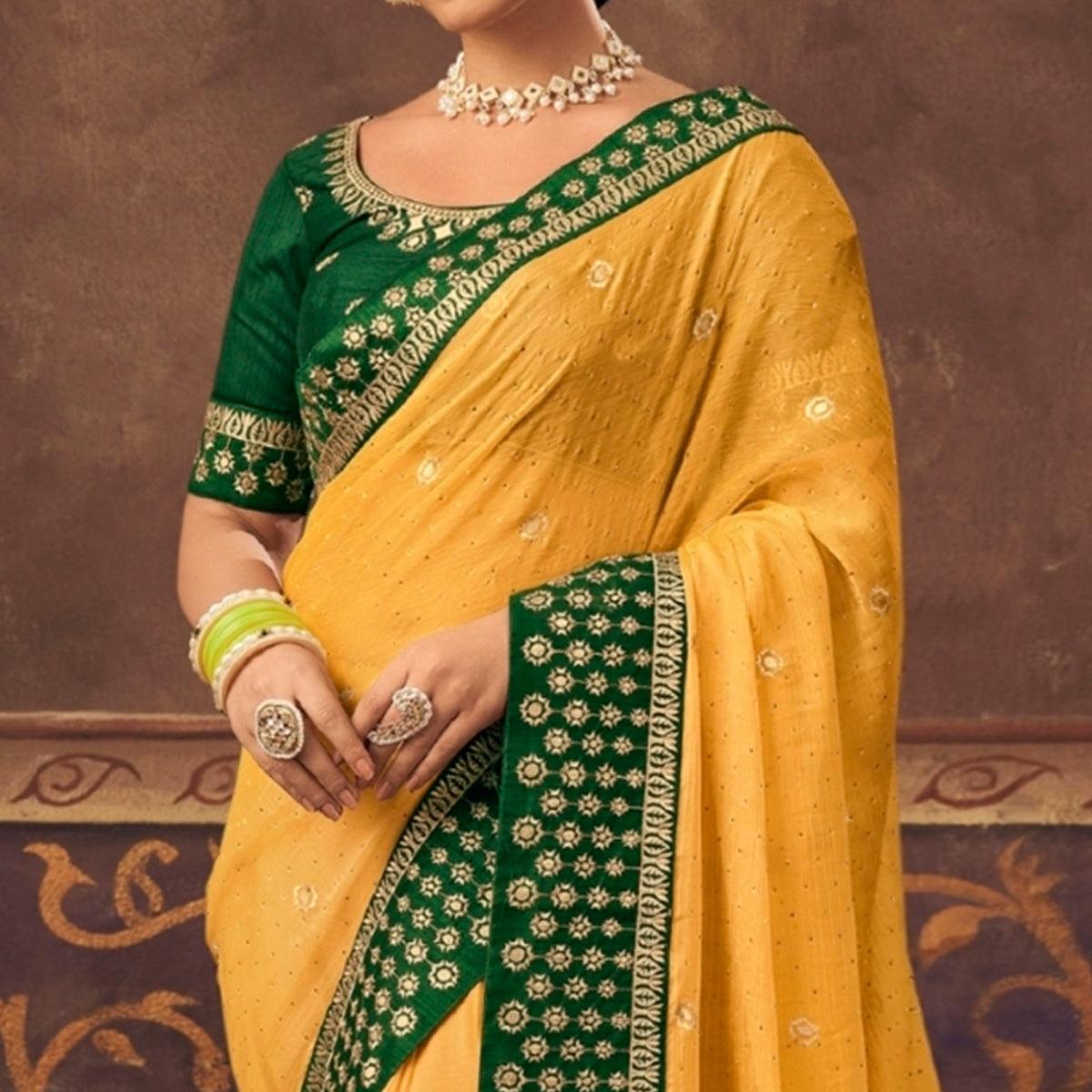 Yellow Embroidered Chiffon Saree - Peachmode