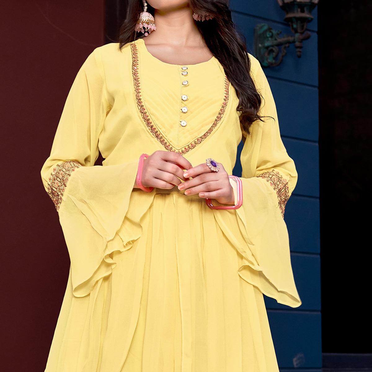 Yellow Embroidered Crepe Gown - Peachmode