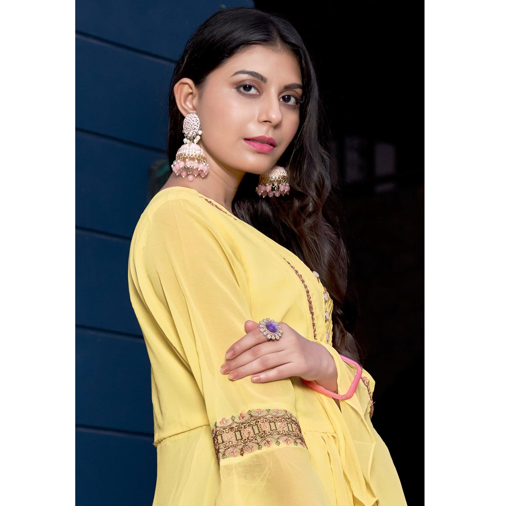Yellow Embroidered Crepe Gown - Peachmode