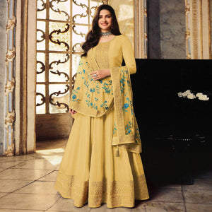 Yellow Embroidered Dola Silk Anarkali Suit - Peachmode