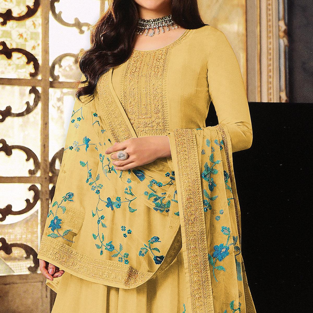 Yellow Embroidered Dola Silk Anarkali Suit - Peachmode