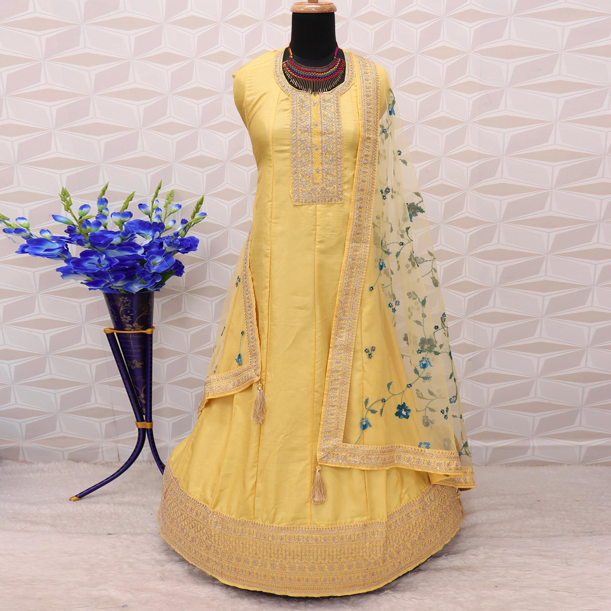 Yellow Embroidered Dola Silk Anarkali Suit - Peachmode