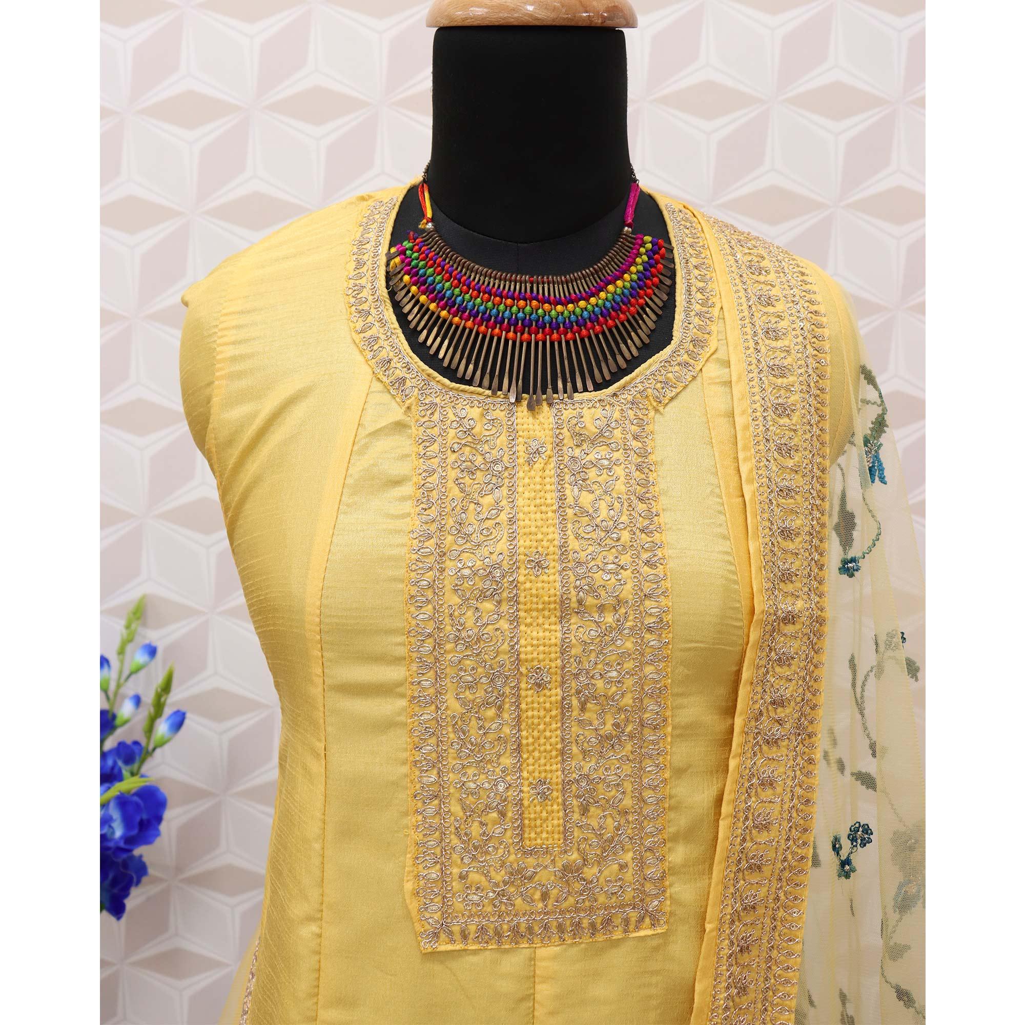 Yellow Embroidered Dola Silk Anarkali Suit - Peachmode