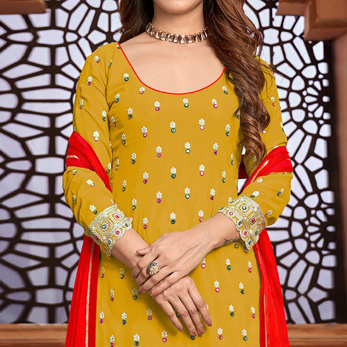 Yellow Embroidered Faux Georgette Partywear Patiyala Suit - Peachmode