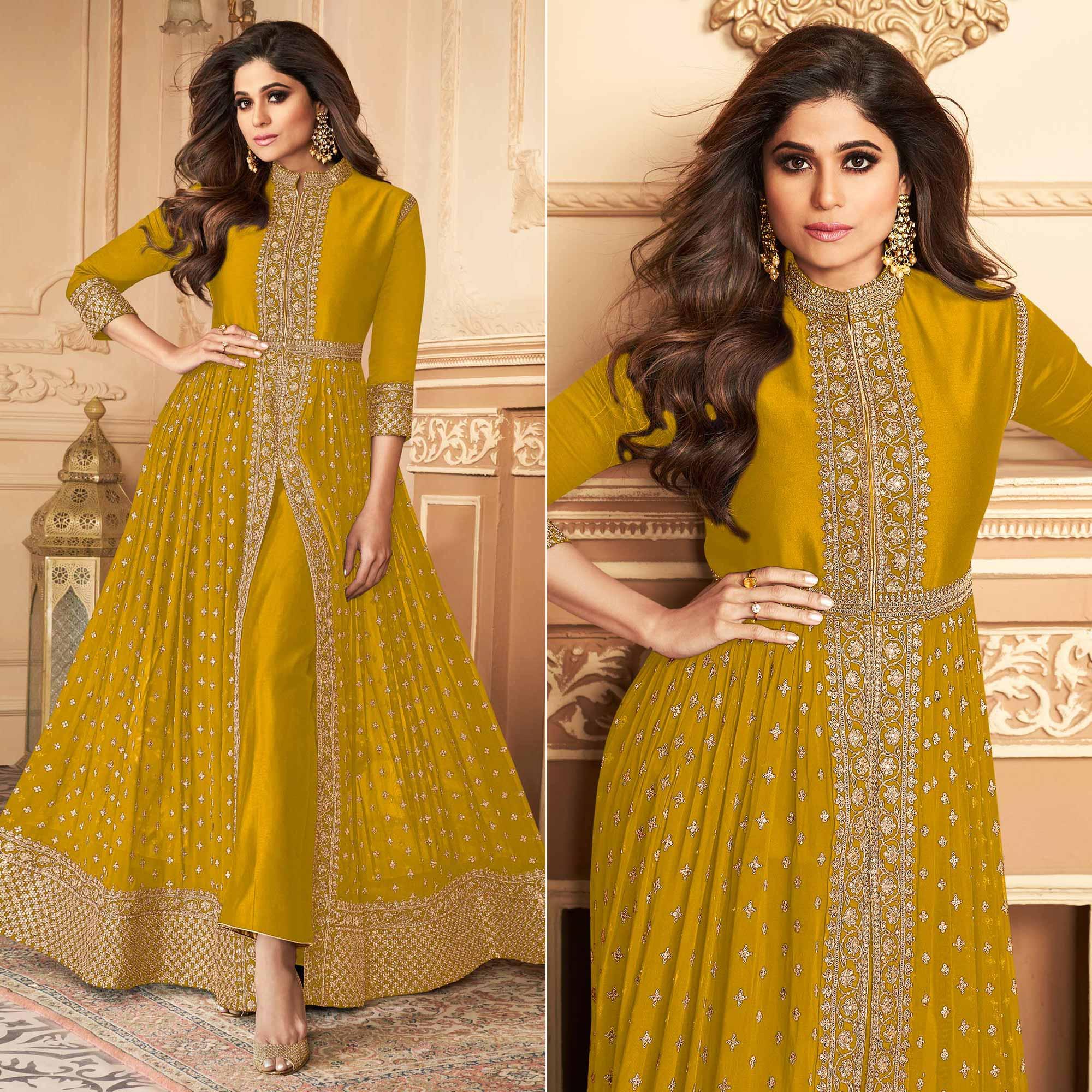 Yellow Embroidered Georgette Gown - Peachmode