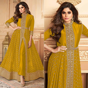 Yellow Embroidered Georgette Gown - Peachmode