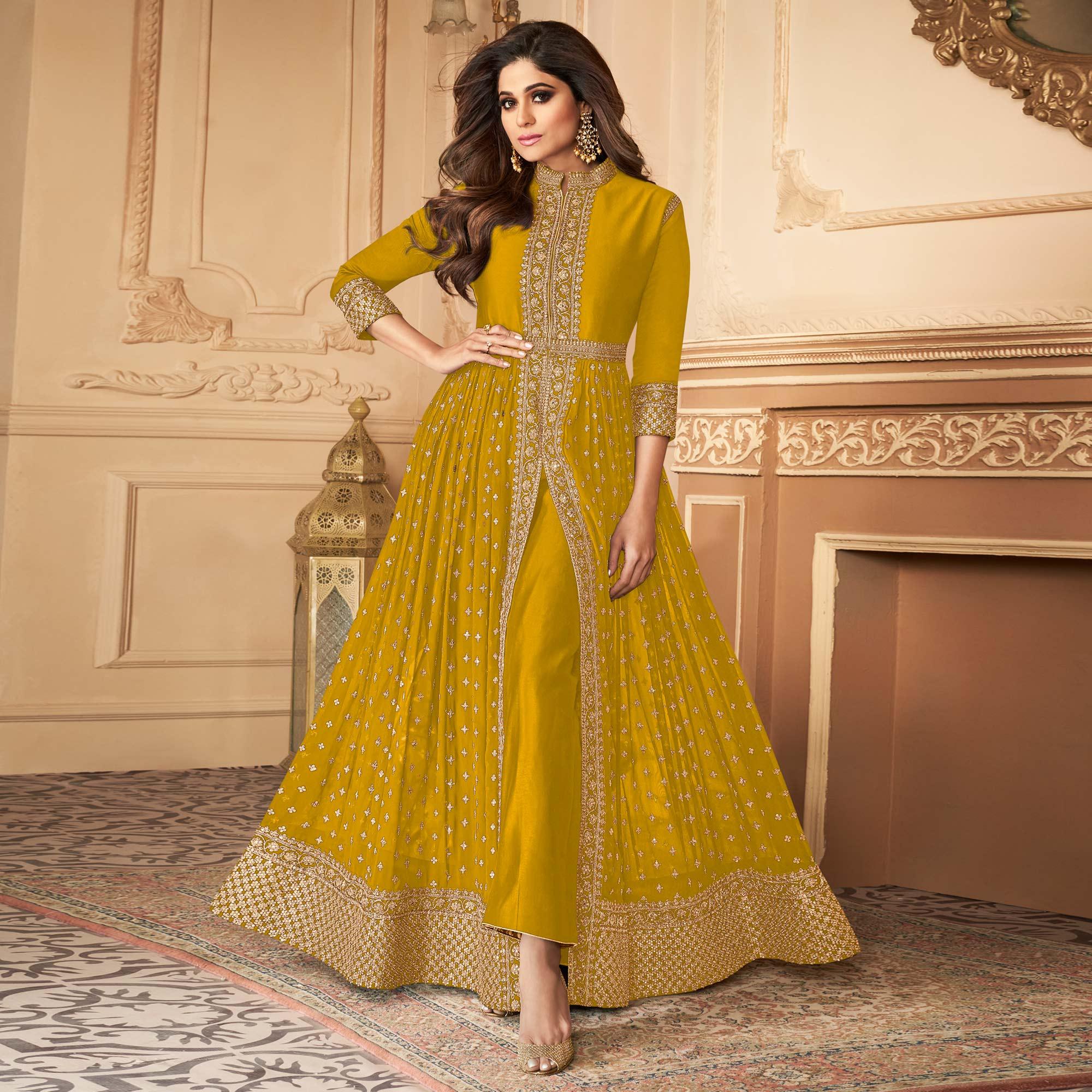 Yellow Embroidered Georgette Gown - Peachmode