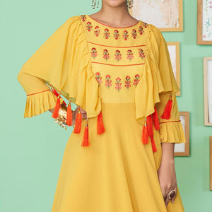 Yellow Embroidered Georgette Gown - Peachmode