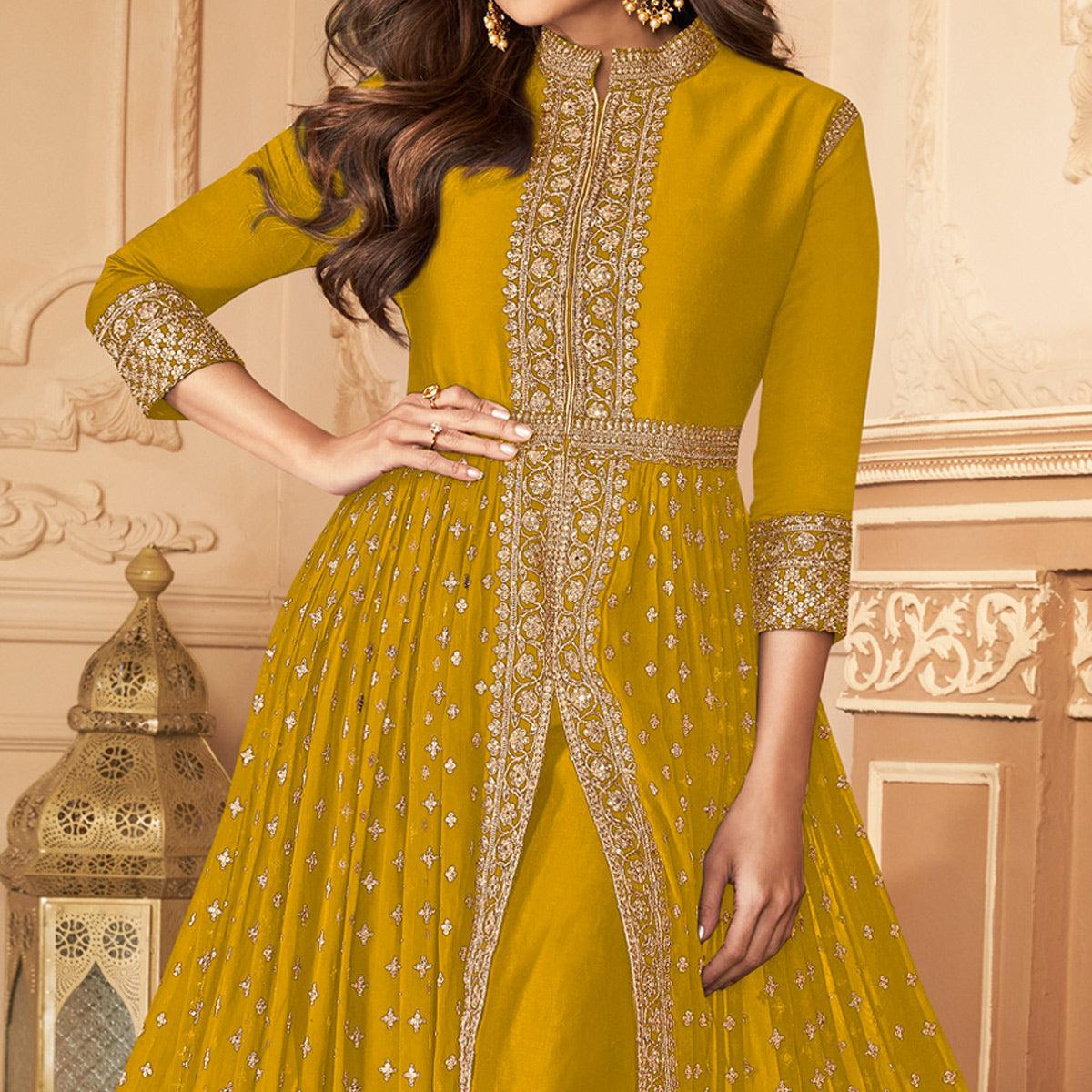 Yellow Embroidered Georgette Gown - Peachmode