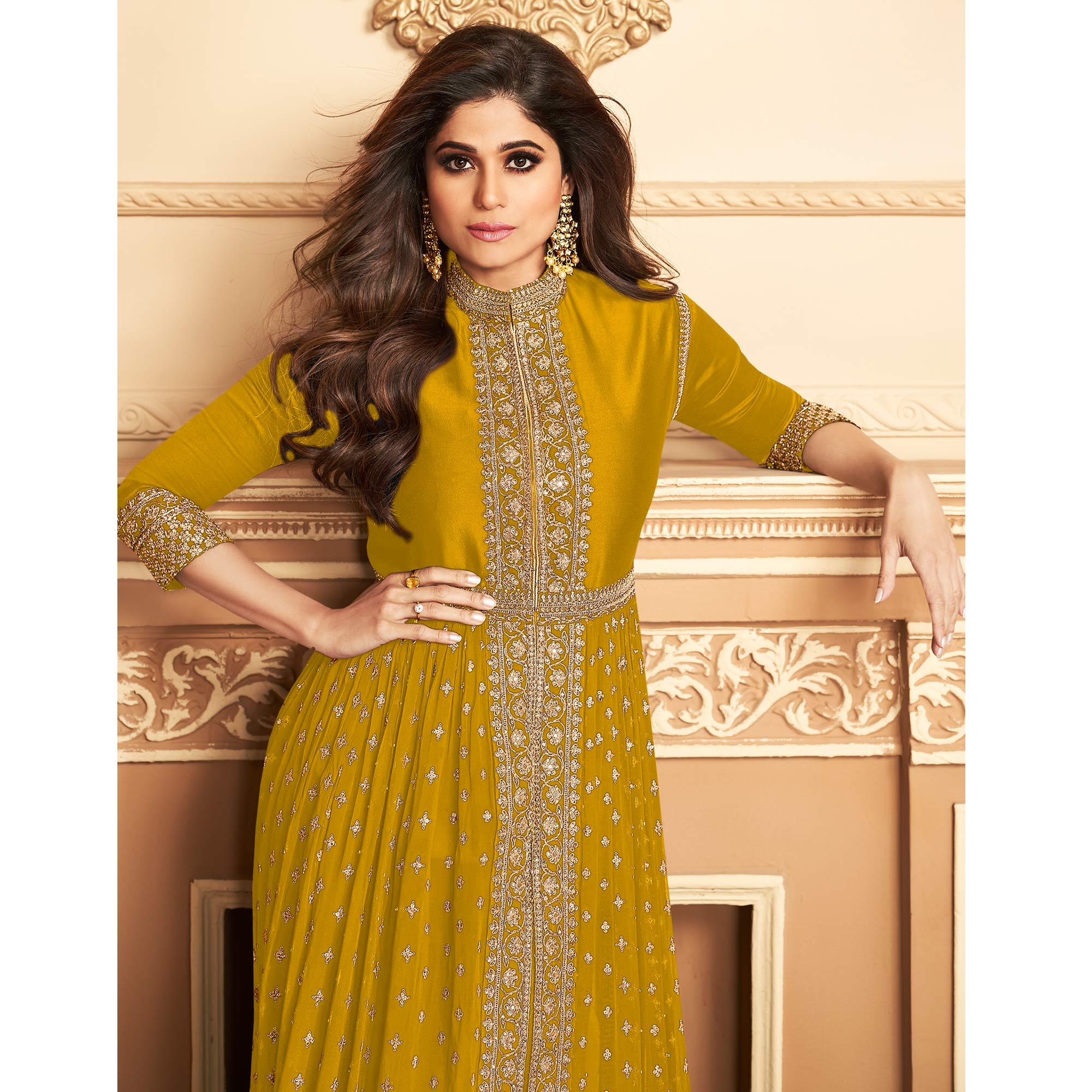Yellow Embroidered Georgette Gown - Peachmode