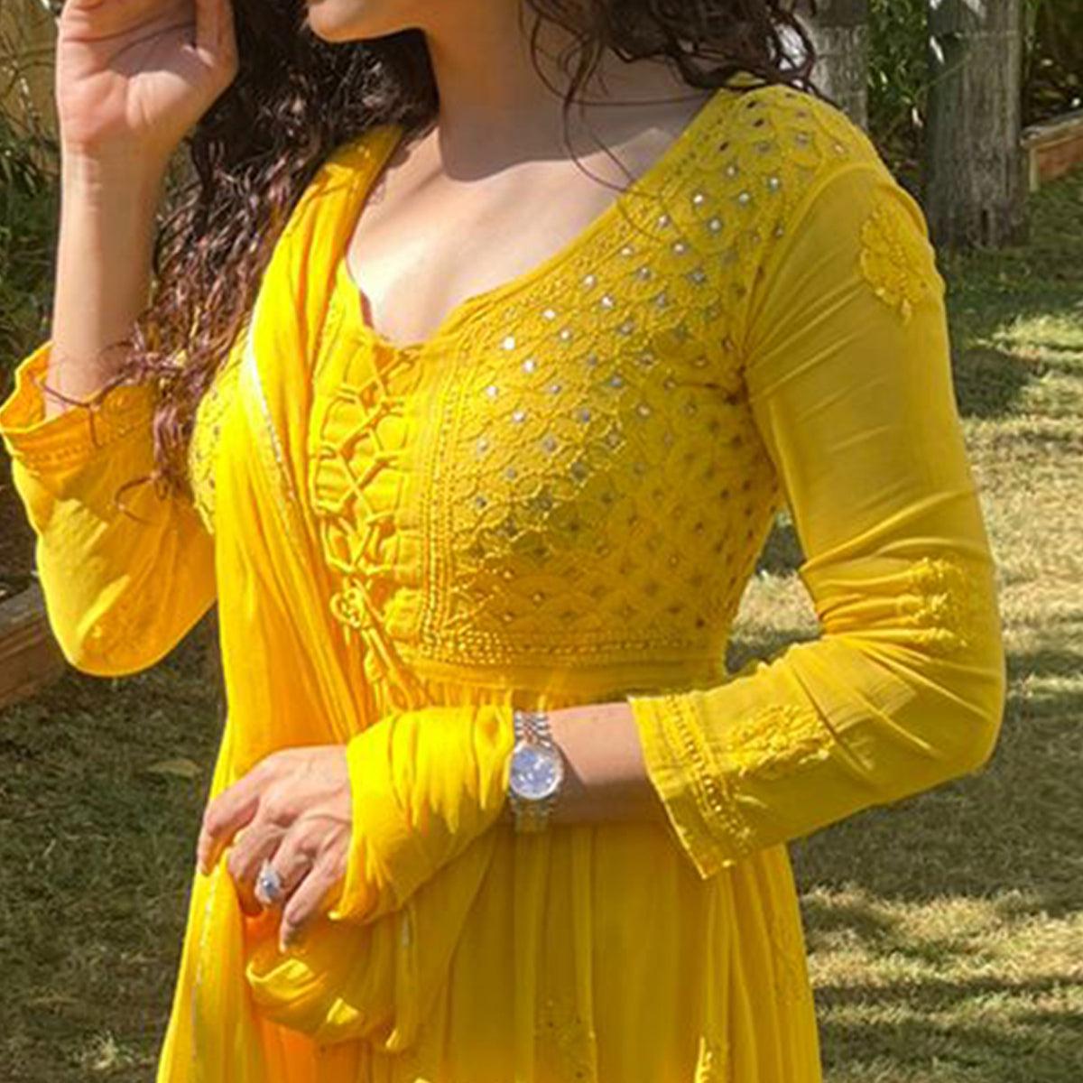 Yellow Embroidered Georgette Gown With Dupatta - Peachmode