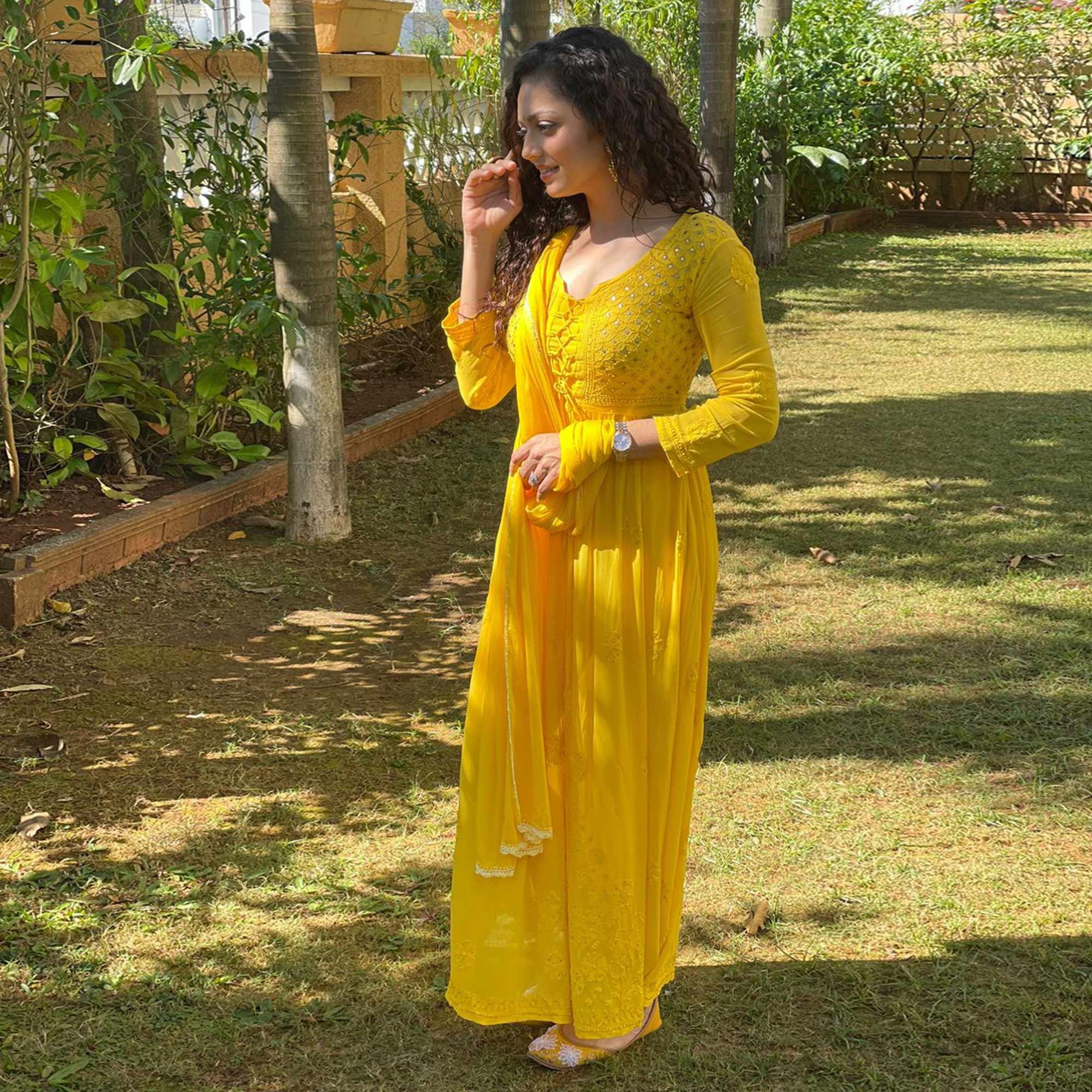 Yellow Embroidered Georgette Gown With Dupatta - Peachmode