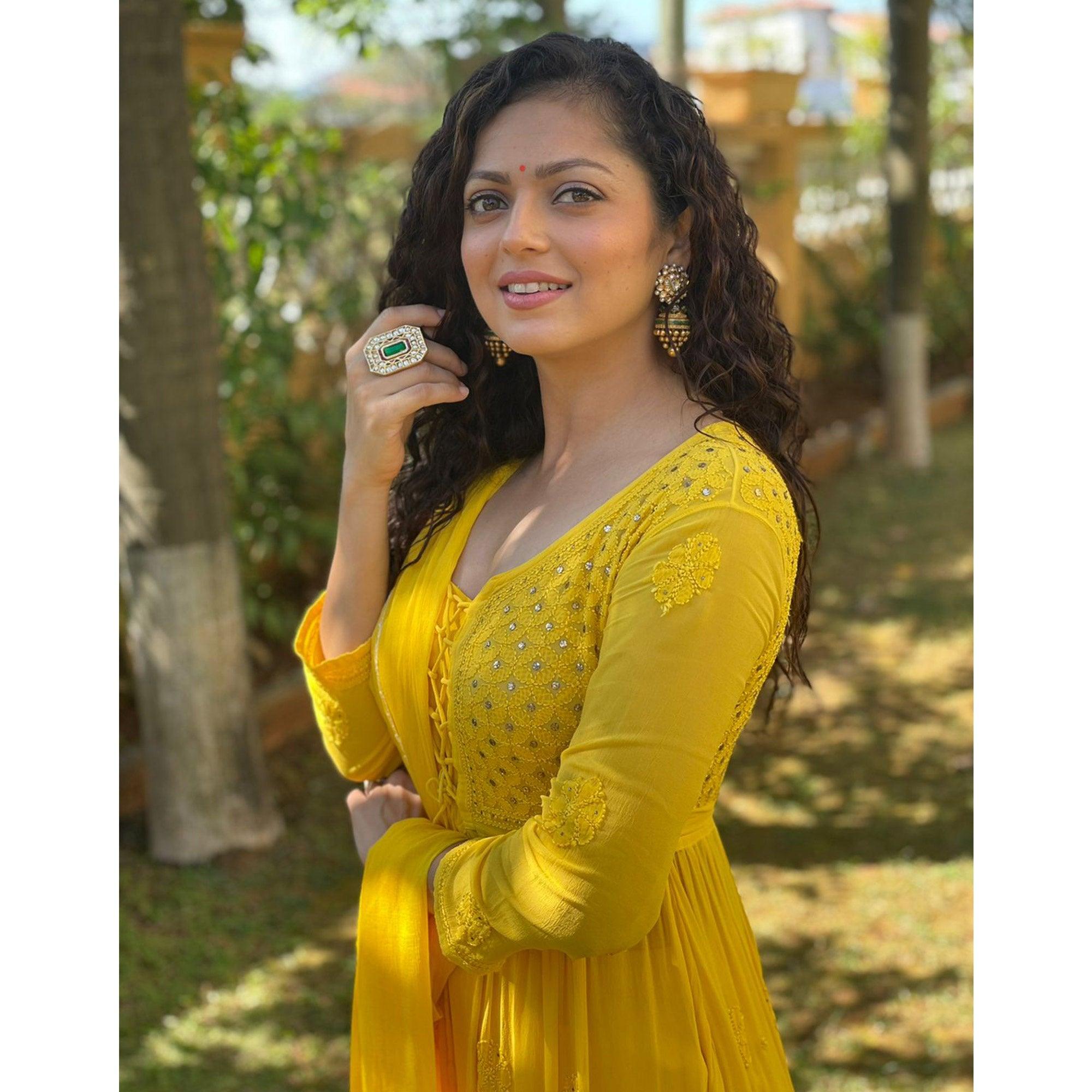 Yellow Embroidered Georgette Gown With Dupatta - Peachmode