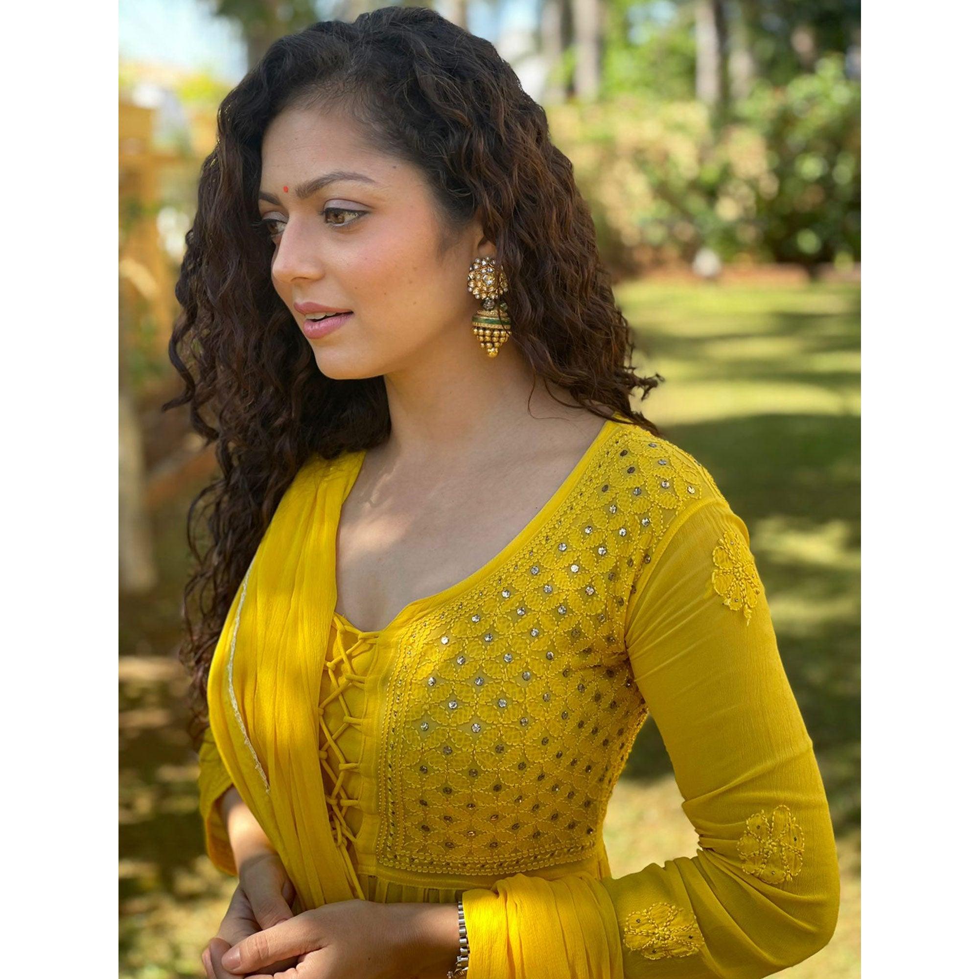 Yellow Embroidered Georgette Gown With Dupatta - Peachmode