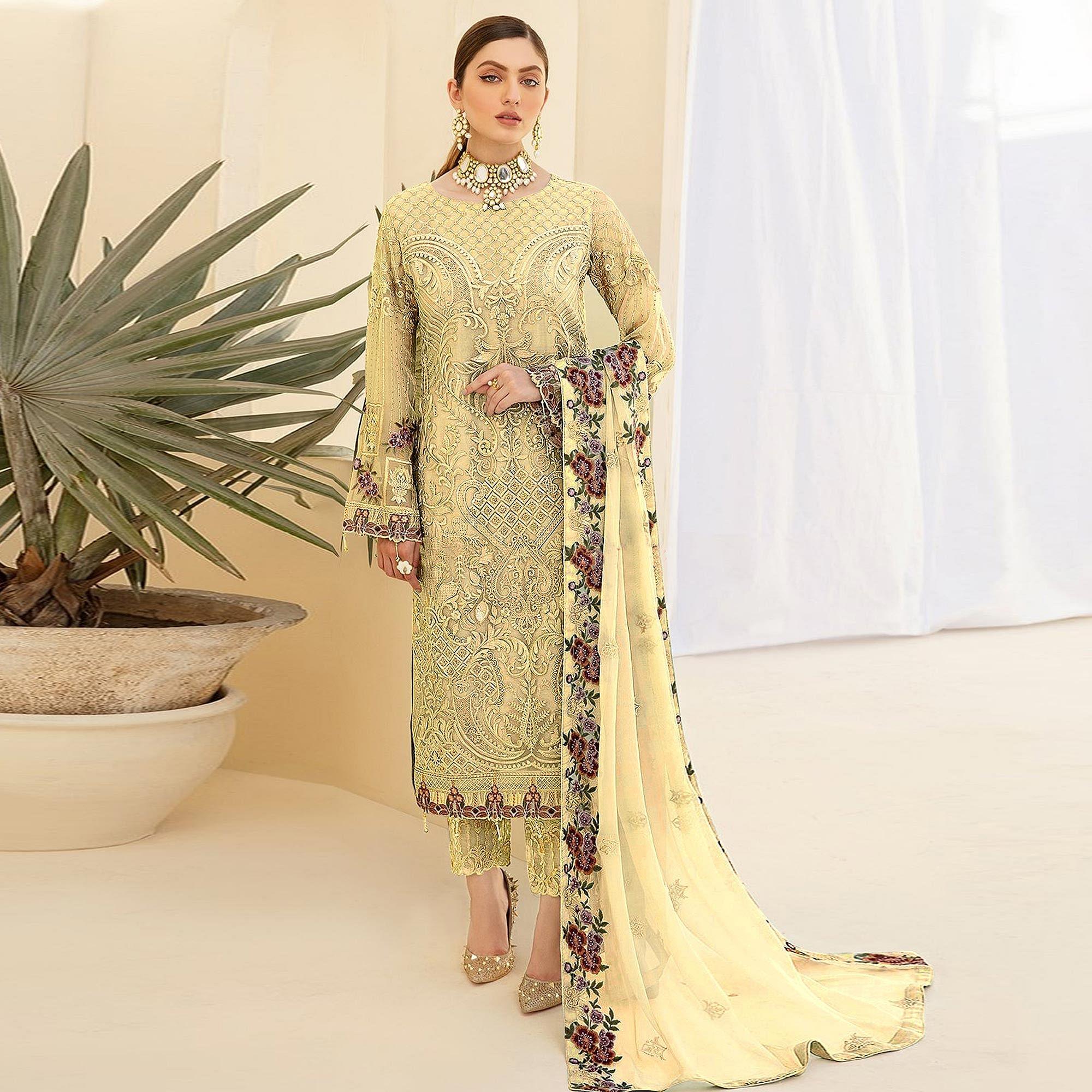 Yellow Embroidered Georgette Pakistani Suit - Peachmode