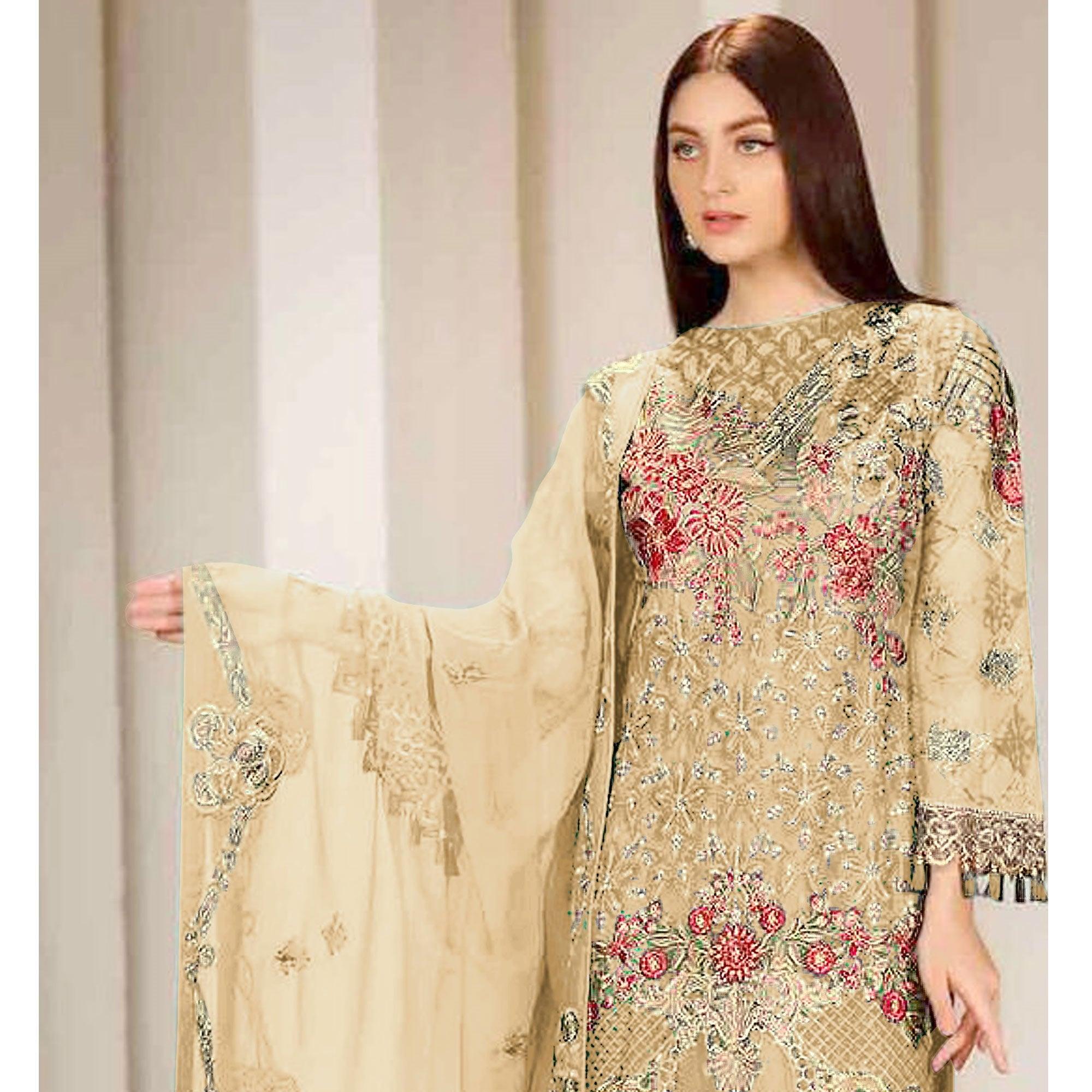 Yellow Embroidered Georgette Pakistani Suit - Peachmode