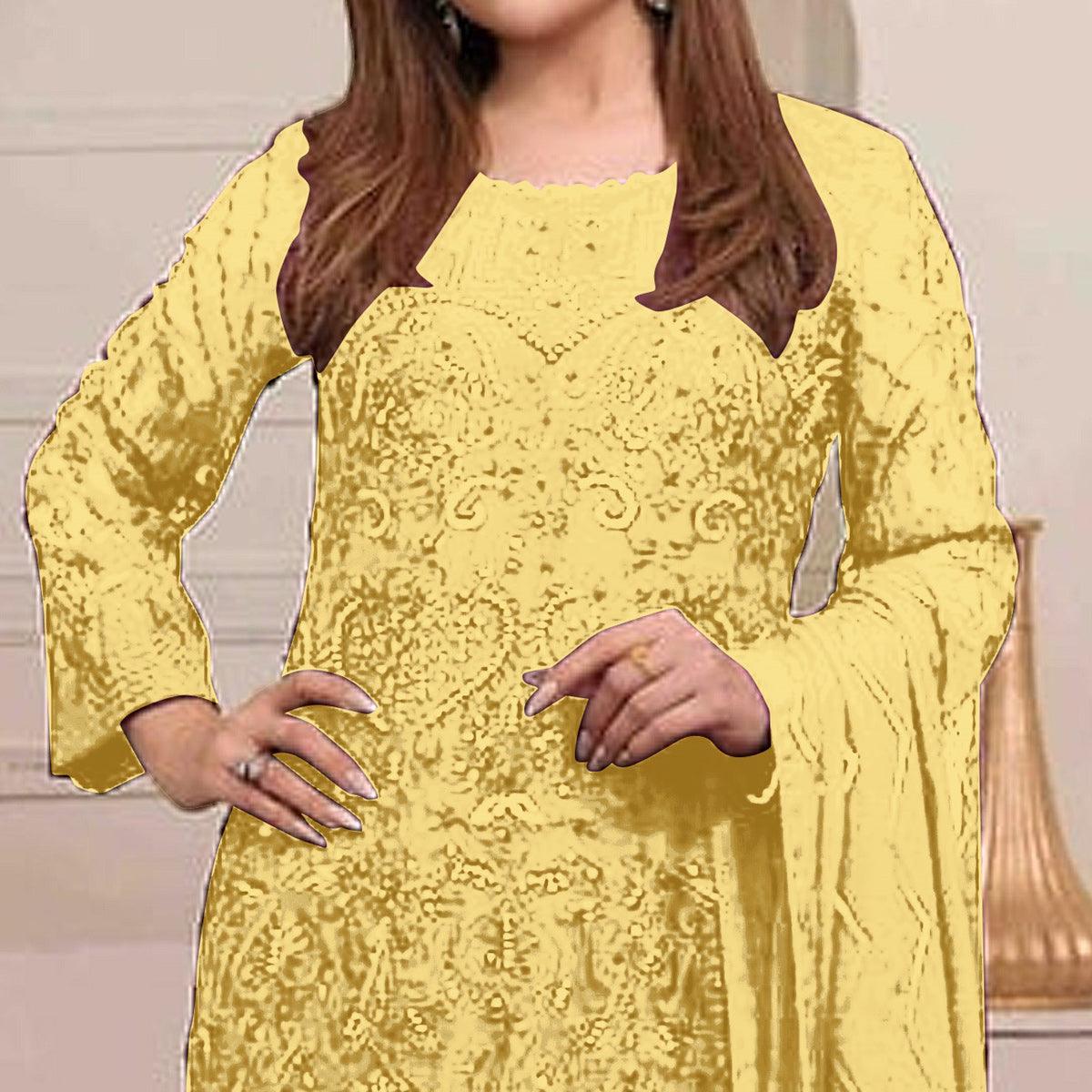 Yellow Embroidered Georgette Pakistani Suit - Peachmode