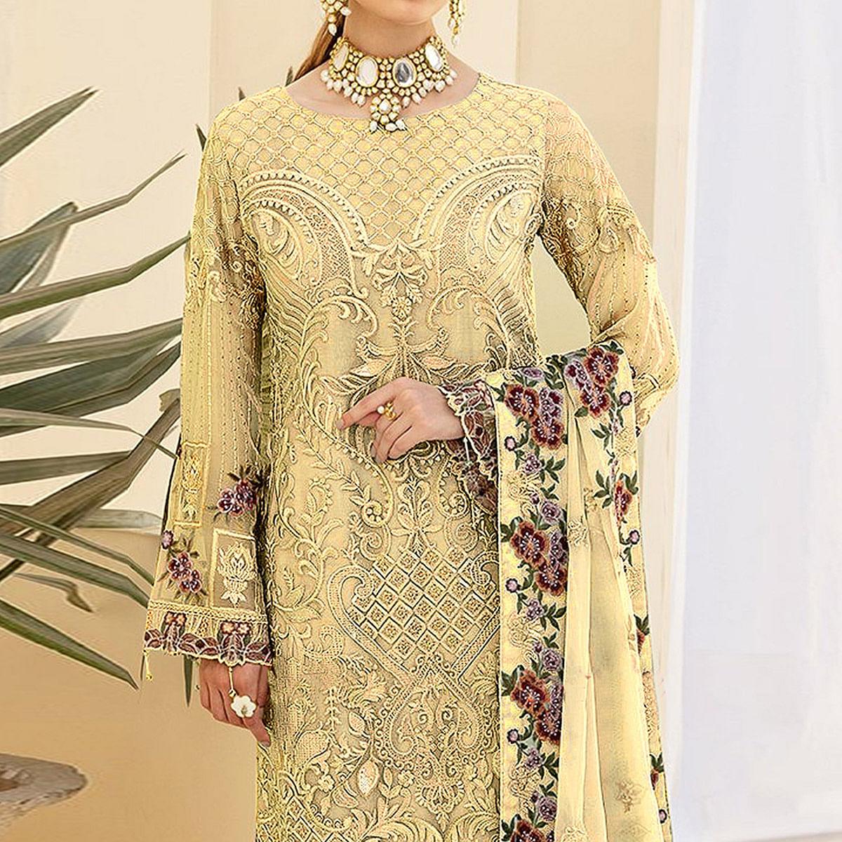 Yellow Embroidered Georgette Pakistani Suit - Peachmode