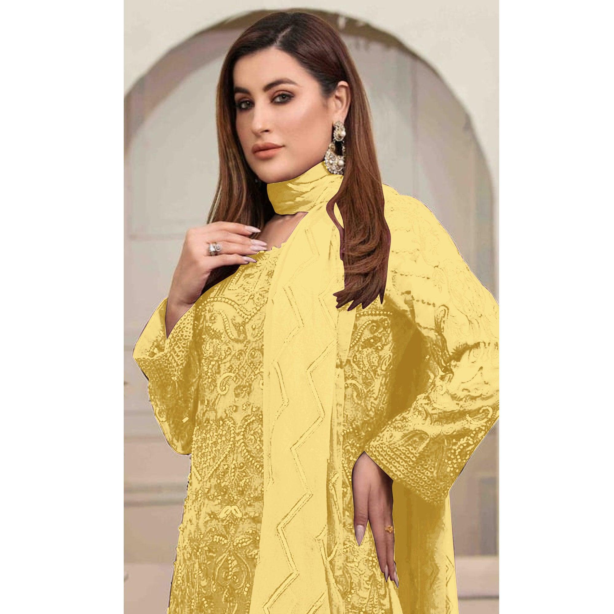 Yellow Embroidered Georgette Pakistani Suit - Peachmode