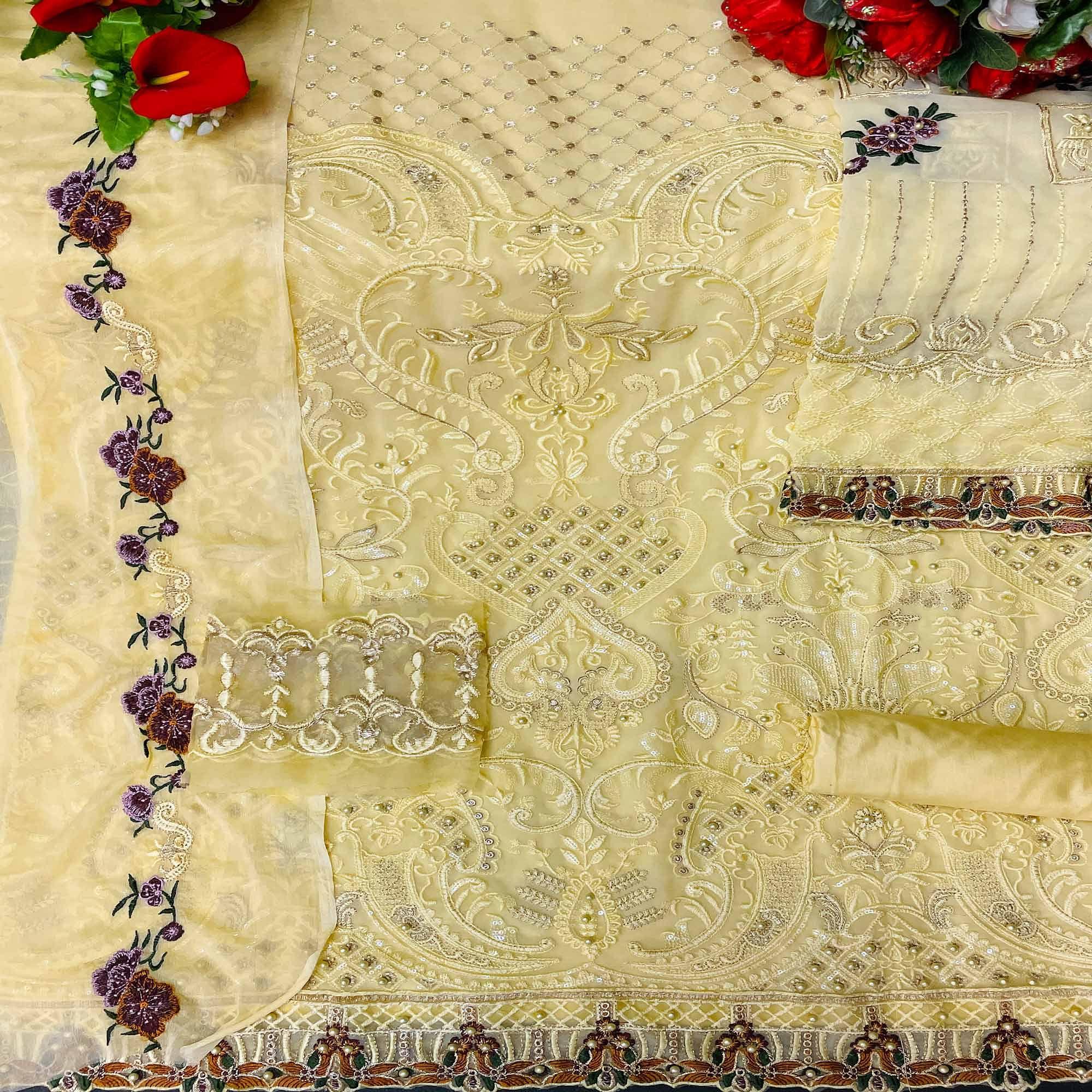Yellow Embroidered Georgette Pakistani Suit - Peachmode