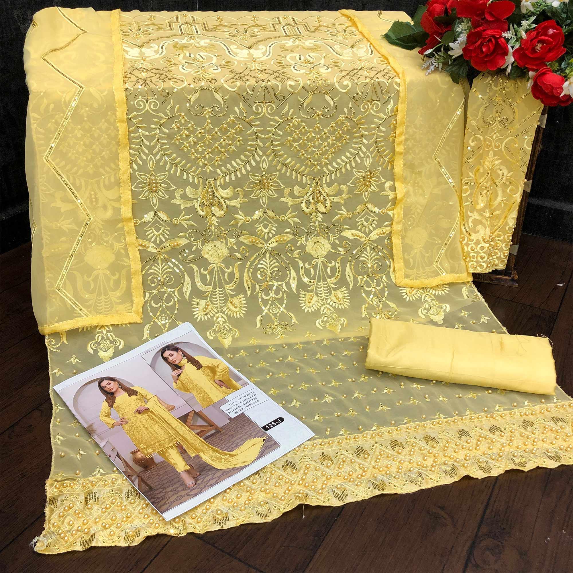 Yellow Embroidered Georgette Pakistani Suit - Peachmode